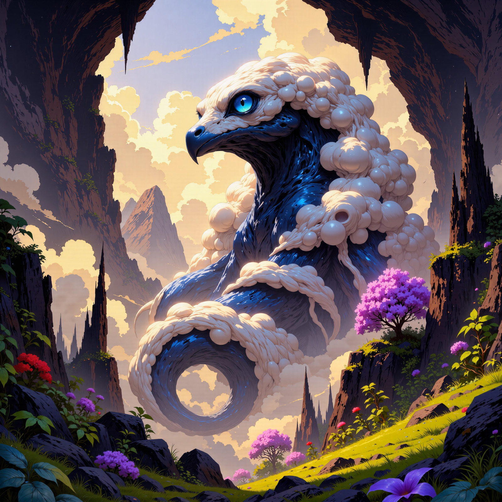 phenomenal and amazing scenery on a distant world, famous artwork inspired by brian despain, dramatic scene, fractal art, high sci-fi style, dynamic angle, this prodigious and enigmatic abomination, the "blue-eyed cloudjorgle", with its form ever twisting and contorting in unnatural ways, stalks the dense fog-shrouded jungles of planet "vutzelbold tertius" in the cover of its gigantic primordial flora and eerie sassled gobberbloom, creature focus, very aesthetic, extremely detailed, ultra high resolution, 8k, 4k, harmonising colors, taupe and lavender and wine red and jet black and night blue, ovg, vibrantlysharp, <lora:faetastic_details-flux-by_faeia:0.64>, <lora:style-vibrantly_sharp-v5-flux-by_bra2ha:0.64>