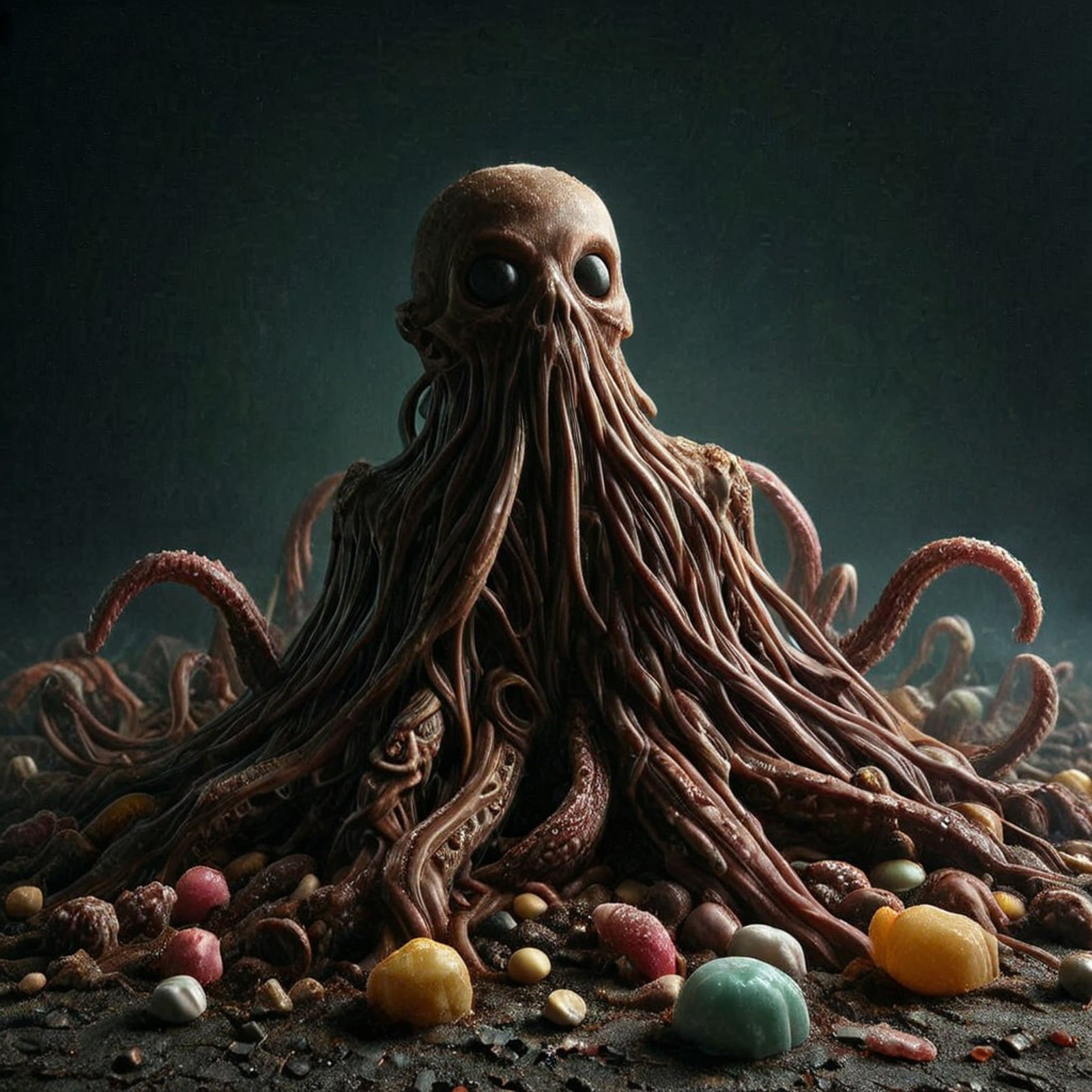 Stable_Yogis_PDXL_Positives, h0rr0rstyl3, masterpiece, best quality, amazing quality, very aesthetic, high resolution, ultra-detailed, absurdres, newest, eerie, stygical, gloomy, decay, haunting evil octopus made of candy, full body, light and shadow background, chiaroscuro background, outdoors, science fiction,