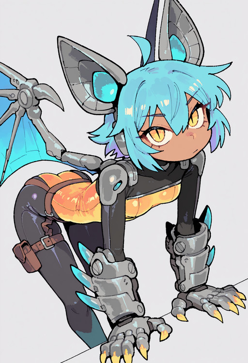 1girl, jarnqk, solo, original, wings, blue hair, animal ears, yellow eyes, short hair, dark skin, bat ears, covered navel, breasts, small breasts, closed mouth, claws, dark-skinned female, standing, looking at viewer, hair between eyes, ahoge, bodysuit, yellow leotard, gradient leotard, orange leotard, slit pupils, science fiction, leotard, arms at sides, bat wings, mechanical ears, mechanical arms, skin tight, android, mechanical wings, bangs, thigh belt, garter belt, tactical clothes, too many belts, belt bra, dynamic pose, dutch angle, dynamic angle, contrapposto, gauntlets, clawed gauntlets, oversized gauntlets, oversized forearms, yellow claws, ((bent over, arm support, leaning forward)), BREAK ((jaggy lines), digital drawing \(artwork\)), (oekaki), simple background, grey background, BREAK (very awa, masterpiece, best quality, newest, year 2024, highres, absurdres, detailed, perfect composition, intricate details, very awa, very as2), BREAK <lora:NOOB_vp1_detailer_by_volnovik_v1:1>, <lora:KarasuChan1204v2:0.6>, karasuchan1204, <lora:TemmieChang:0.4>, tmchng, <lora:farfinfarfinIL:0.5>, farfinfarfin, <lora:Wamudraws_Style_Ill:0.5>, <lora:NAI_vpred_fix:0.5>, <lora:noobai_vp10_stabilizer_v0.280a_fp16:0.5>, <lora:noobai_vpred_1_masterpieces_v23:0.5>, <lora:People'sWorks_v9_128dim_NoobVpredv1.0:0.5>