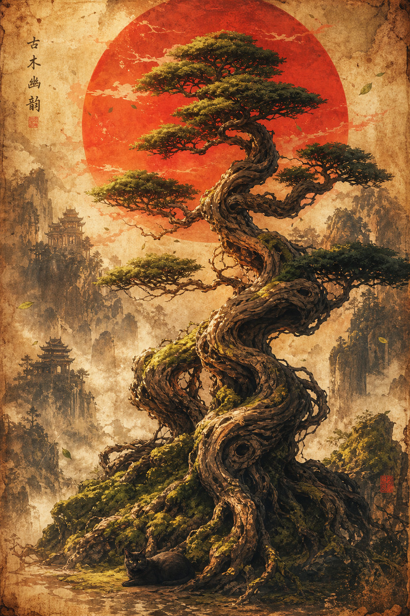 masterpiece, best quality, absurdres, ultra detailed, cinematic Japanese bonsai fantasy illustration, ancient 
