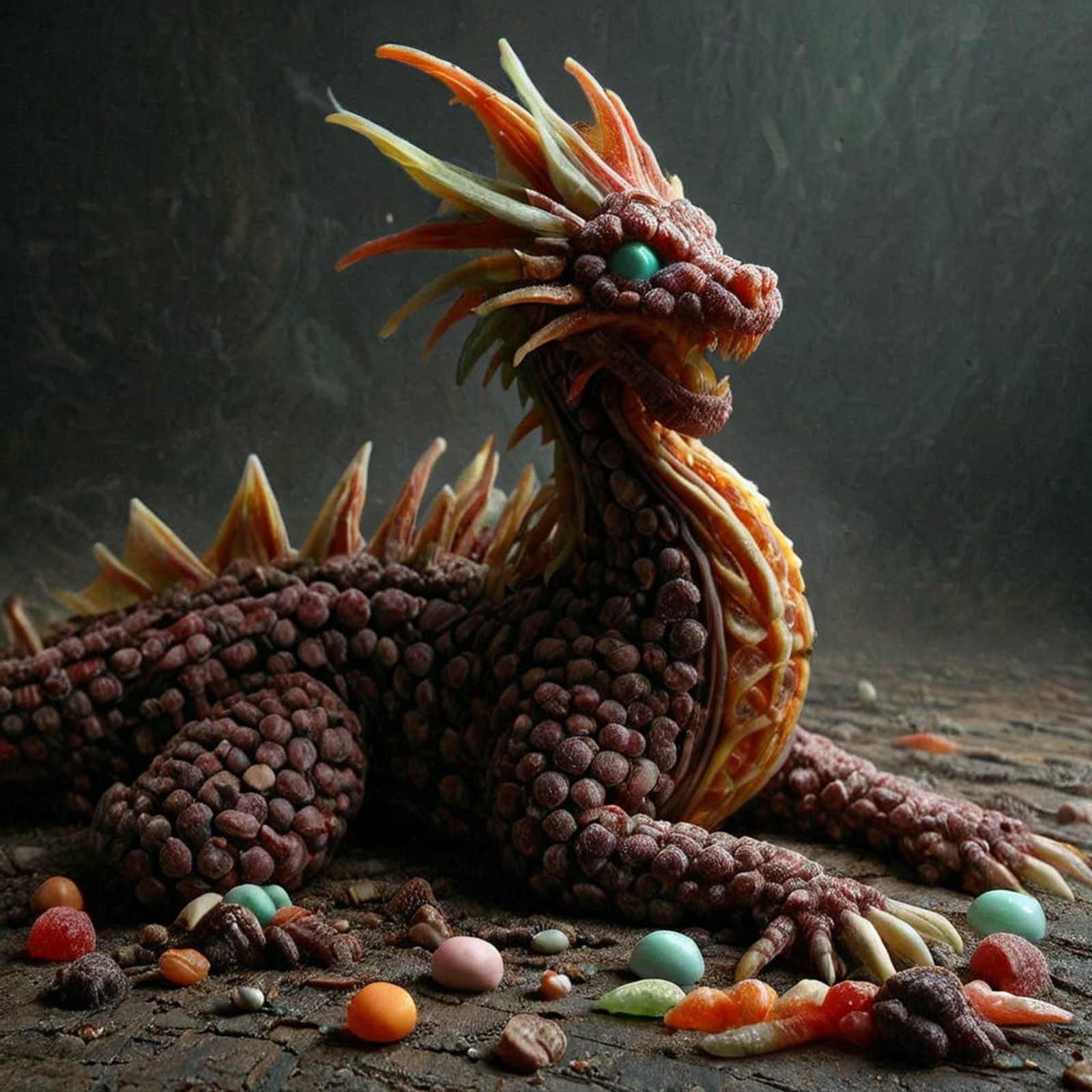 Stable_Yogis_PDXL_Positives, h0rr0rstyl3, masterpiece, best quality, amazing quality, very aesthetic, high resolution, ultra-detailed, absurdres, newest, eerie, stygical, gloomy, decay, haunting evil dragon made of candy, full body, light and shadow background, chiaroscuro background, outdoors, science fiction,