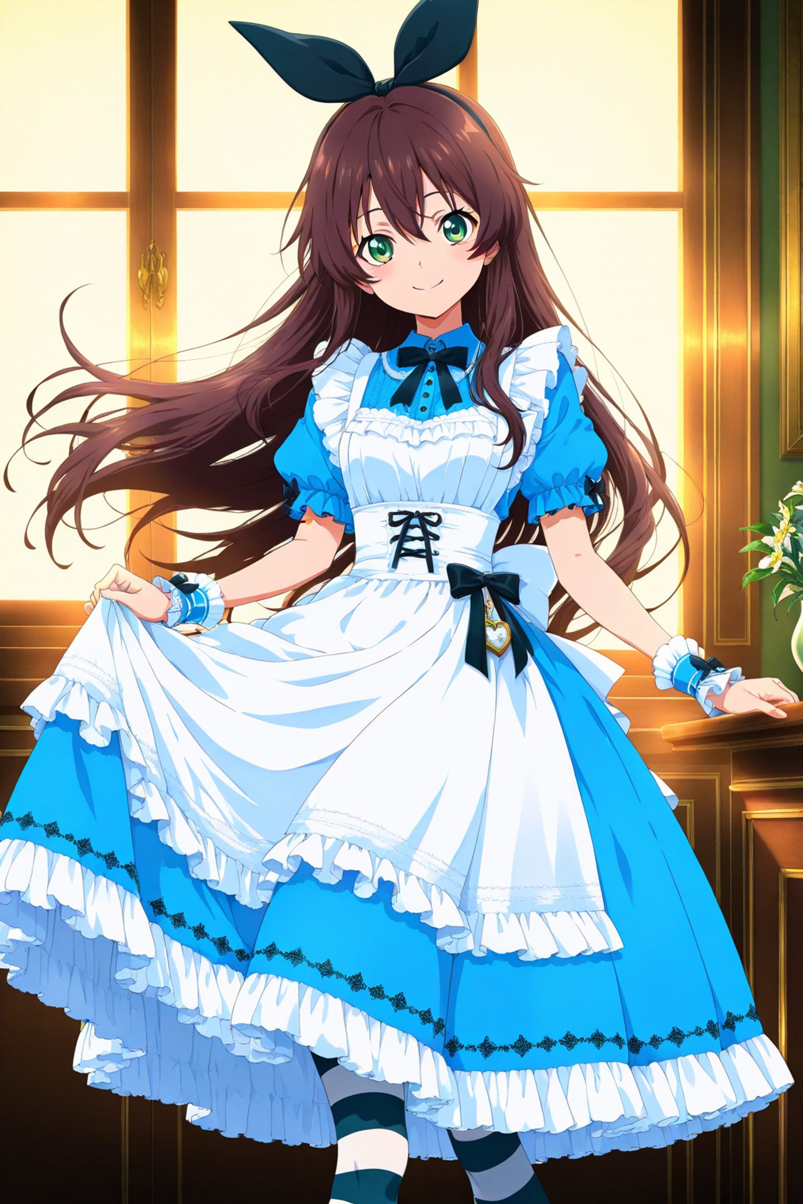 standing, smile, 
 <lora:Towa-Herschel_lL_v01.1:1> long hair, brown hair, green eyes, hair between eyes, floating hair, bow, hair bow, blue bow, very long hair, bangs
striped, alice in wonderland, bow, short sleeves, holding, black bow, hair bow, blue bow, striped pantyhose, apron, pantyhose, dress, frills, wrist cuffs, skirt, white apron, black ribbon, bowtie, blue dress, sitting, shirt, ribbon, (HDR), (intricate details), newest, (amazing quality:0.5), absurdres, highres, 8k resolution, film grain, soft lighting, anime, (anime screenshot:2, anime coloring:2), detailed background, 8k, masterpiece, best quality, very aesthetic
1girl, solo,