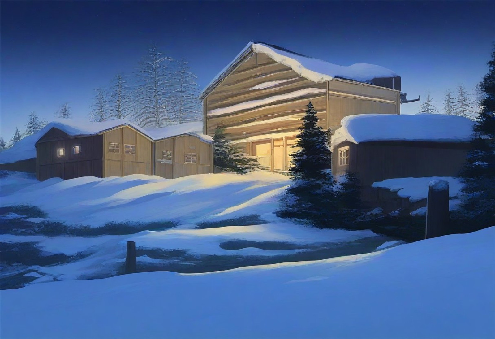 masterpiece, best quality, amazing quality, outdoors, rural homestead, snow, snowfall, night, nighttime, no humans