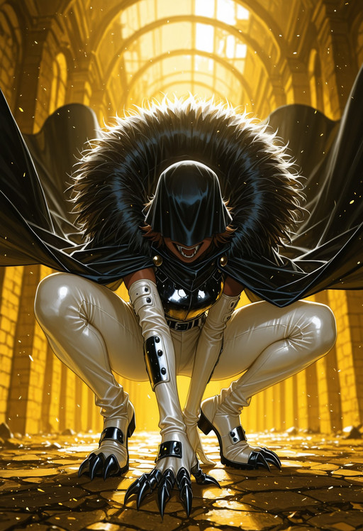 masterpiece,best quality,absurdres,
yellow theme,dynamic pose,horror \(theme\),
BREAK 
1girl,female focus, dark olive skin, looking straight ahead, blue eyes,
very short hair, brown hair,
white leather armor, thigh high white boots, white leggings black elbow gloves, black metal claws, black metal talons,
black hood up, shadows over eyes,
large fangs,
black cloak, fur trim cloak, long cloak,
cinematic angle,
depth of field,
blurry background,
dramatic lighting,
dynamic pose, crouching, snarling,