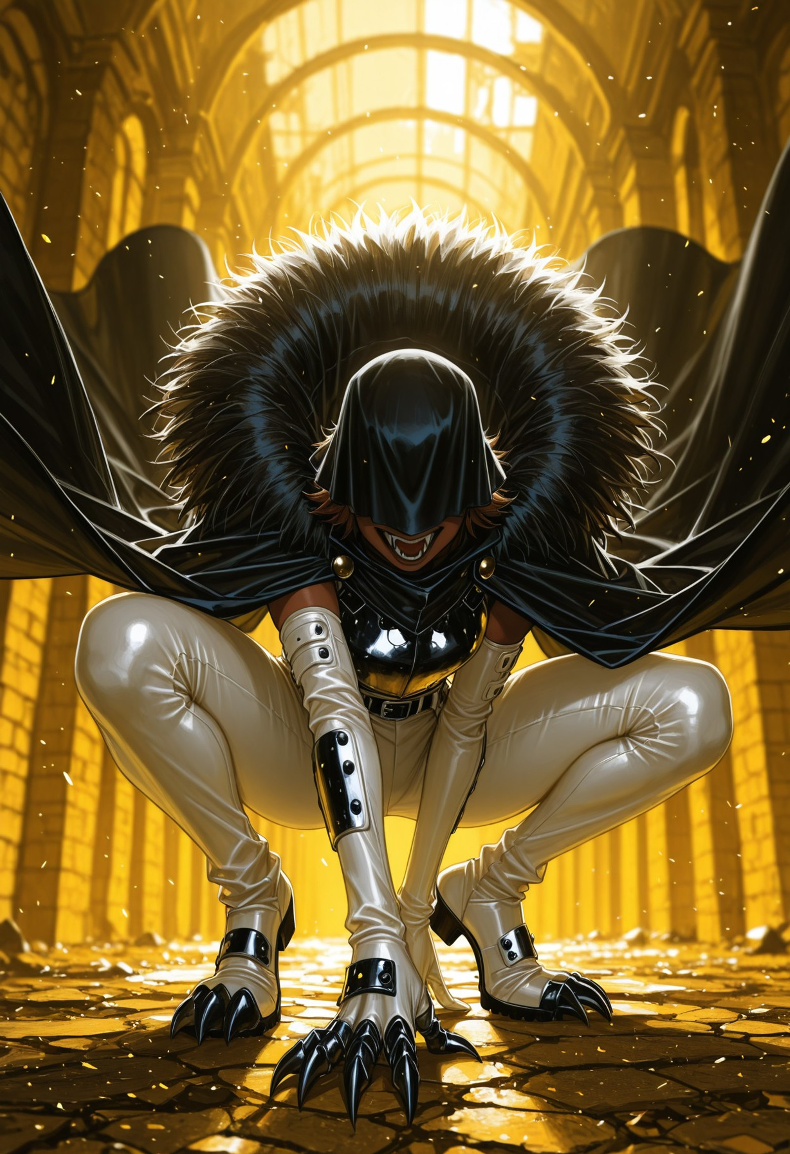 masterpiece,best quality,absurdres,
yellow theme,dynamic pose,horror \(theme\),
BREAK 
1girl,female focus, dark olive skin, looking straight ahead, blue eyes,
very short hair, brown hair,
white leather armor, thigh high white boots, white leggings black elbow gloves, black metal claws, black metal talons,
black hood up, shadows over eyes,
large fangs,
black cloak, fur trim cloak, long cloak,
cinematic angle,
depth of field,
blurry background,
dramatic lighting,
dynamic pose, crouching, snarling,