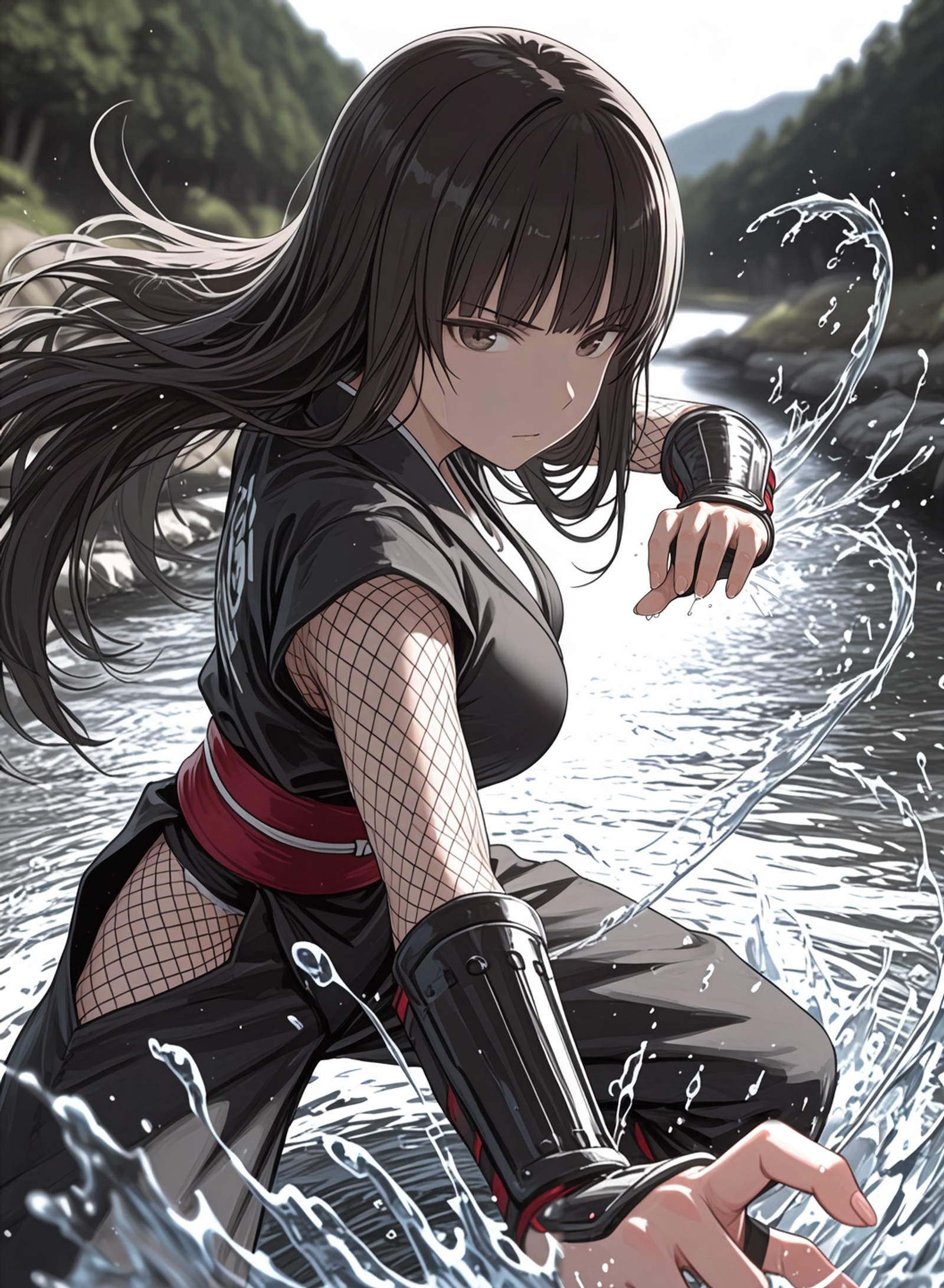 embedding:lazypos,h49s1r0,reflection,
1girl,nishizumi_shiho,ninja,solo,fighting_stance, (splashing:1.15),river, depth of field,foreshortening