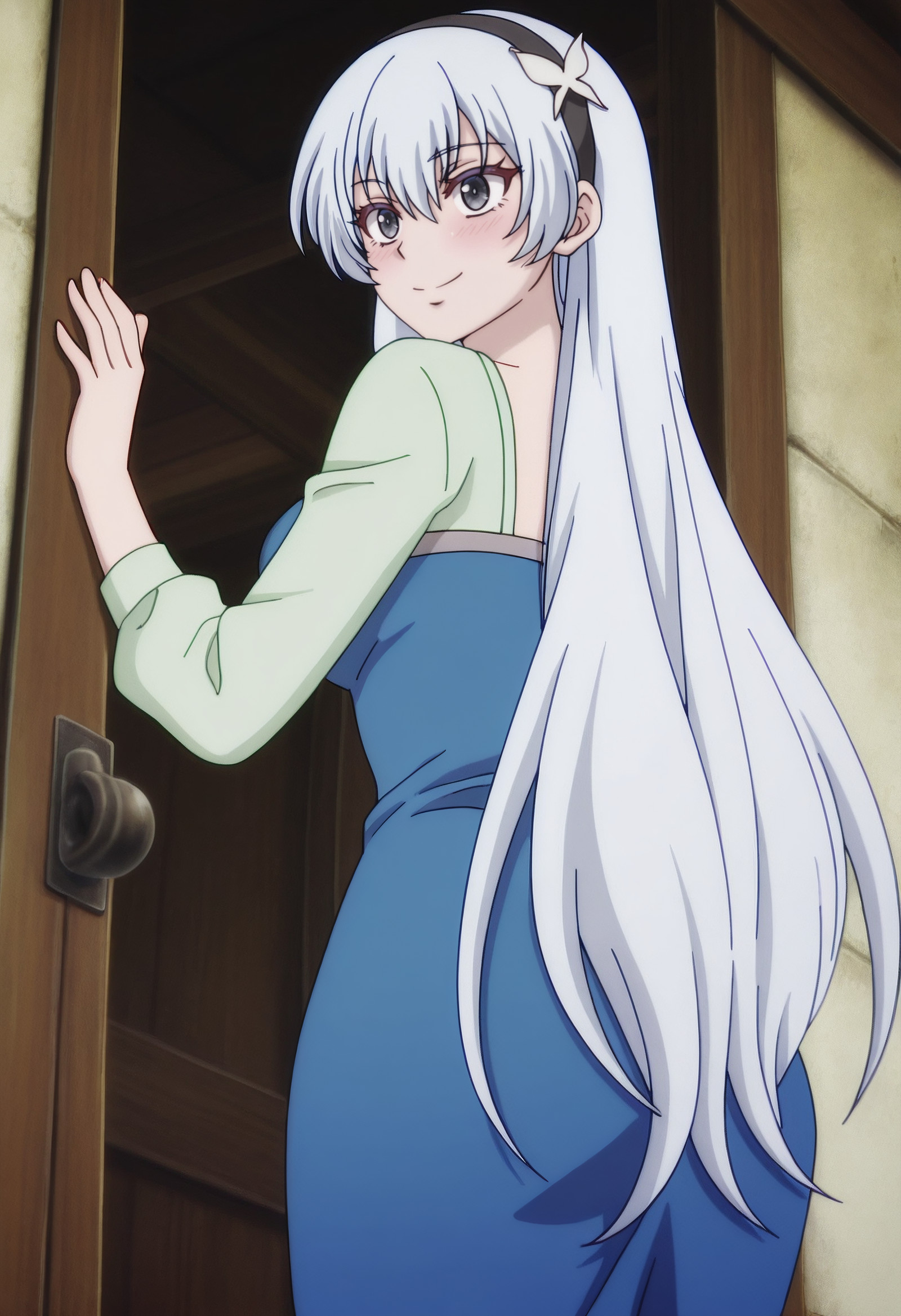    masterpiece, best quality, amazing quality, anime_screencap, anime_coloring, Bitter-sweet pleasure, eyes half-closed, smile faltering, soft moan escaping, subtle blush, MGYKrasia, long_hair, very_long_hair, hairband, black_hairband, white_hair, hair_between_eyes, grey_eyes,  solo, KrasiaDress, long_sleeves, blue_dress, green_shirt, hair_ornament, butterfly_hair_ornament, long_dress,  from behind, low-angle view, <segment:girl's face,0.55,0.2//cid=11> Bitter-sweet pleasure, eyes half-closed, smile faltering, soft moan escaping, subtle blush, MGYKrasia, long_hair, very_long_hair, hairband, black_hairband, white_hair, hair_between_eyes, grey_eyes, 