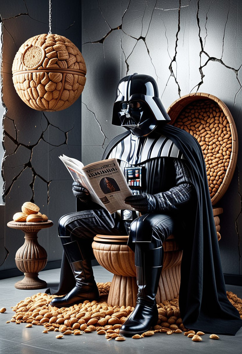nutstylesnut, Darth Vader sitting on a giant cracked walnut toilet reading a newspaper made of peanut skins. T
