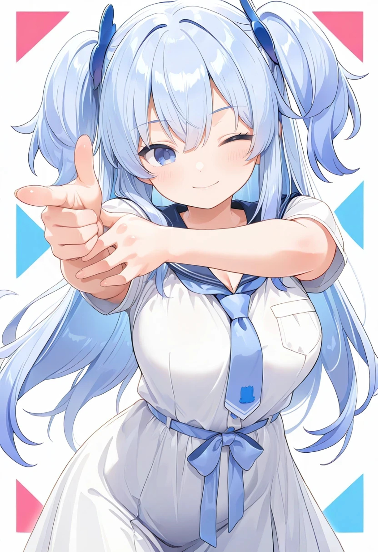 masterpiece,best quality,absurdres,1girl,
smile,one eye closed,closed mouth,
finger gun,white background,multicolored background,aiming at viewer,
<lora:training_5545125-20260302075658210:1>,sunao,hair ornament,
blue sailor collar,blue necktie,white dress,short sleeves,