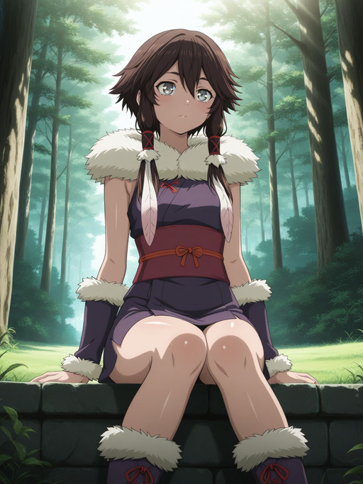 masterpiece,best quality,amazing quality,very aesthetic,absurdres,ultra detailed face,ultra detailed eyes, contrast lighting, shiny skin, glossy skin, 1girl, anime screencap,
(Tsetsi, gray eyes, brown hair, short hair with long locks, hair ribbon),
short kimono, sash, fur trim, purple boots,
cowboy shot, outdoors, daylight, sitting,