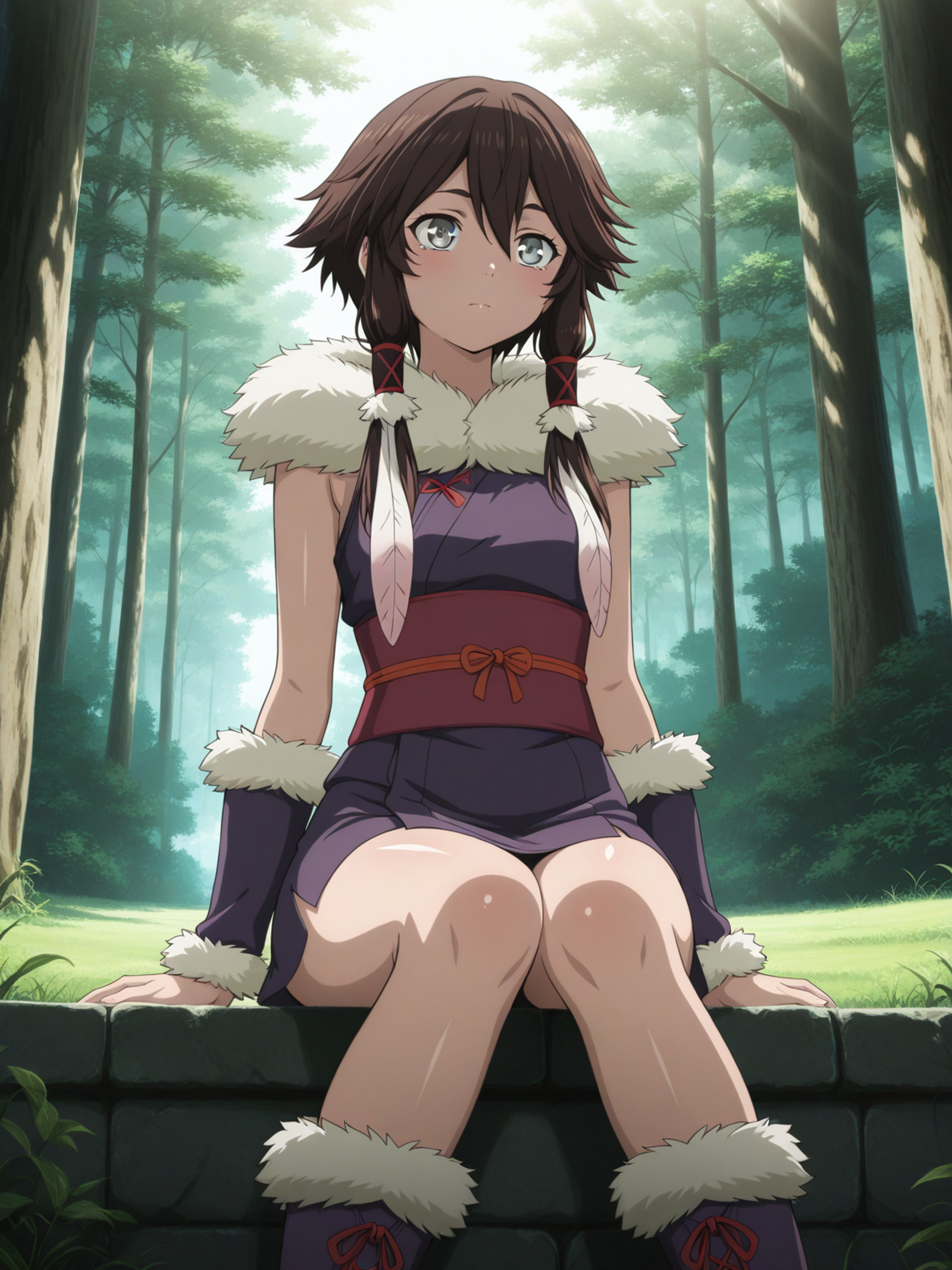 masterpiece,best quality,amazing quality,very aesthetic,absurdres,ultra detailed face,ultra detailed eyes, contrast lighting, shiny skin, glossy skin, 1girl, anime screencap,
(Tsetsi, gray eyes, brown hair, short hair with long locks, hair ribbon),
short kimono, sash, fur trim, purple boots,
cowboy shot, outdoors, daylight, sitting,