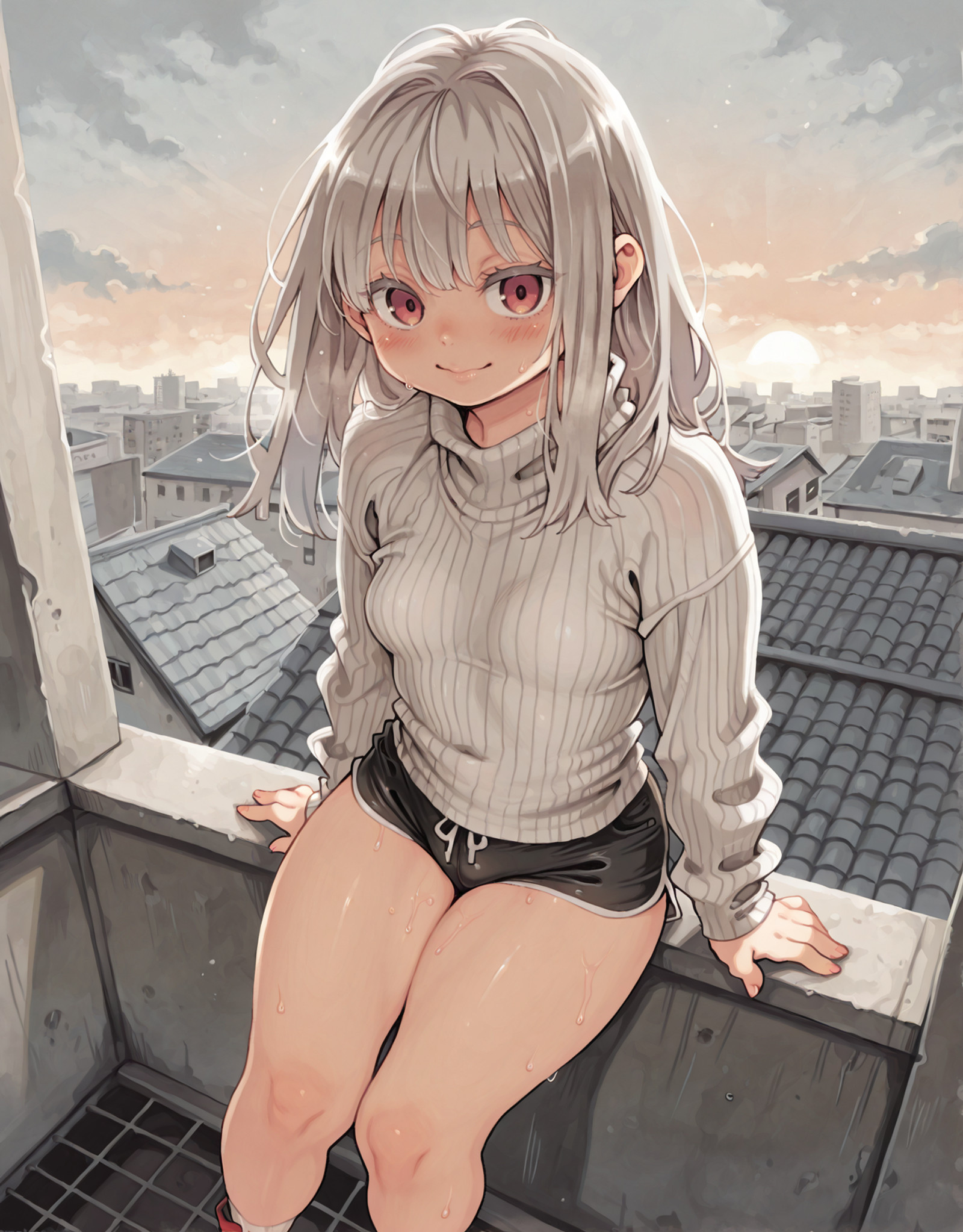 lazypos_1733353, solo, 1girl, sweater, shorts, gray hair, small breasts, nimble body, rooftop, <lora:nomura_ryouji-000001:1>, ryoji \(nomura ryouj\)