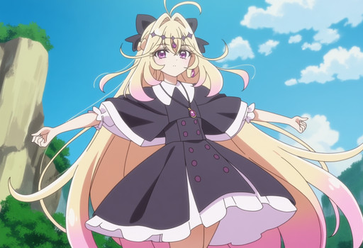 masterpiece, best quality, score_7, amazing quality,, cowboy shot, solo, looking at viewer, , <lora:moria-luluka-anime-anima-lora-nochekaiser:1>, moria luluka, long hair, blonde hair, very long hair, purple eyes, pink hair, braid, purple hair, multicolored hair, hair bow, pink eyes, gradient hair, anime screencap, skirt, dress, jewelry, short sleeves, frills, puffy sleeves, necklace, black dress, puffy short sleeves, buttons, capelet, pendant, black capelet, stretching, cliff, height, rocks, nature, sky,