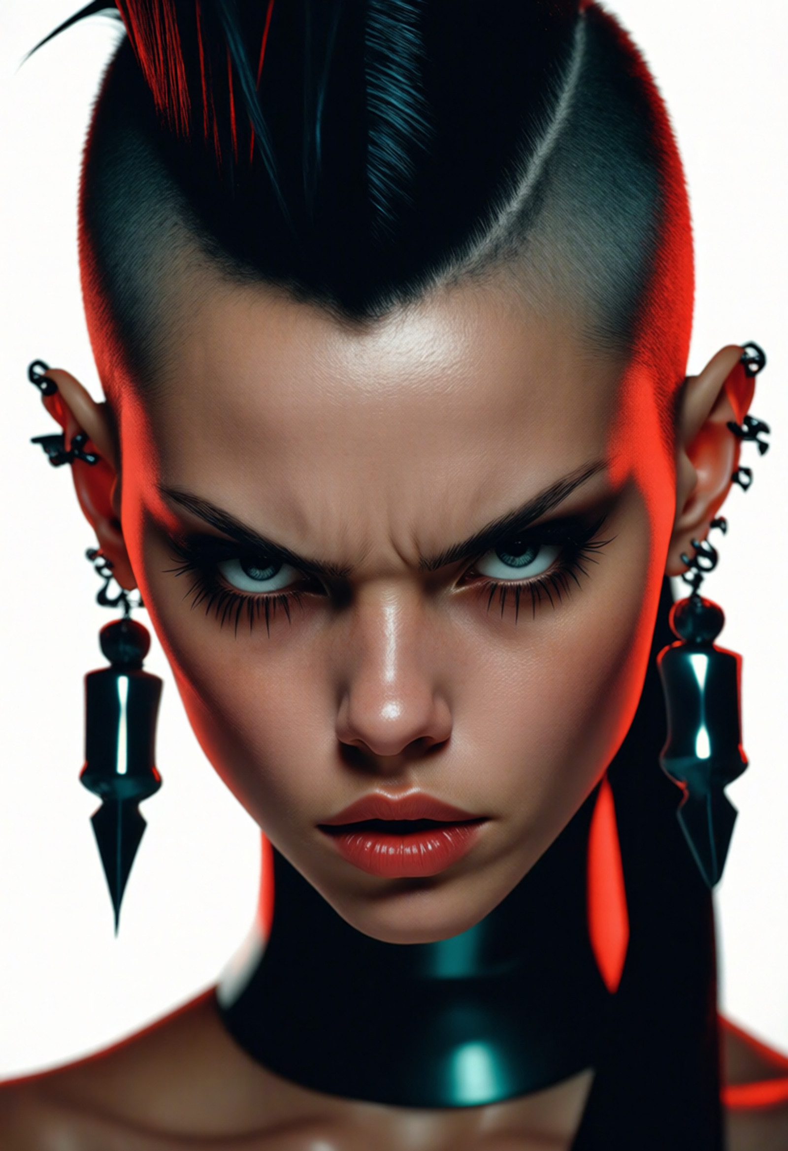LookDaal, A portrait of a woman's face. She has a futuristic and edgy look with a mohawk hairstyle that is styled in a spiky manner. Her hair is cut in a way that frames her face and falls over her shoulders. She is wearing large, dangling earrings that are attached to her ears. Her face is contorted in a fierce expression. Her eyes are piercing and her lips deep red. The overall mood of the image is intense,