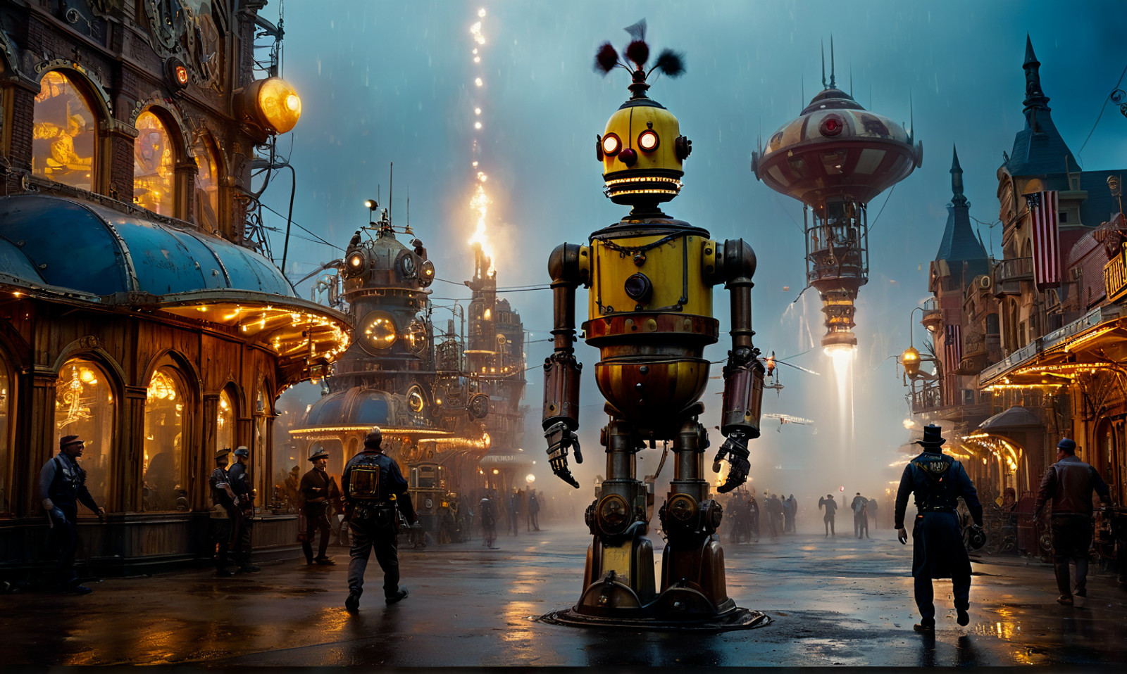in a deserted futuristic steampunk town, in the middle of an amusement park with clowns, a very tall wooden burning man, Intricate robot warriors, with hybrid humans, with paramedics with stretchers, humans have intricate gun machinery on their body, a gatling on a mans back, glooming yellow lights, blue plasma energy particles from back engines, fog city, steampunk skyscrappers in the background, up in the air, steampunk helicopters flying around, a clowns head out of a manhole on corner street, at night, raining hard, lightning and thunder