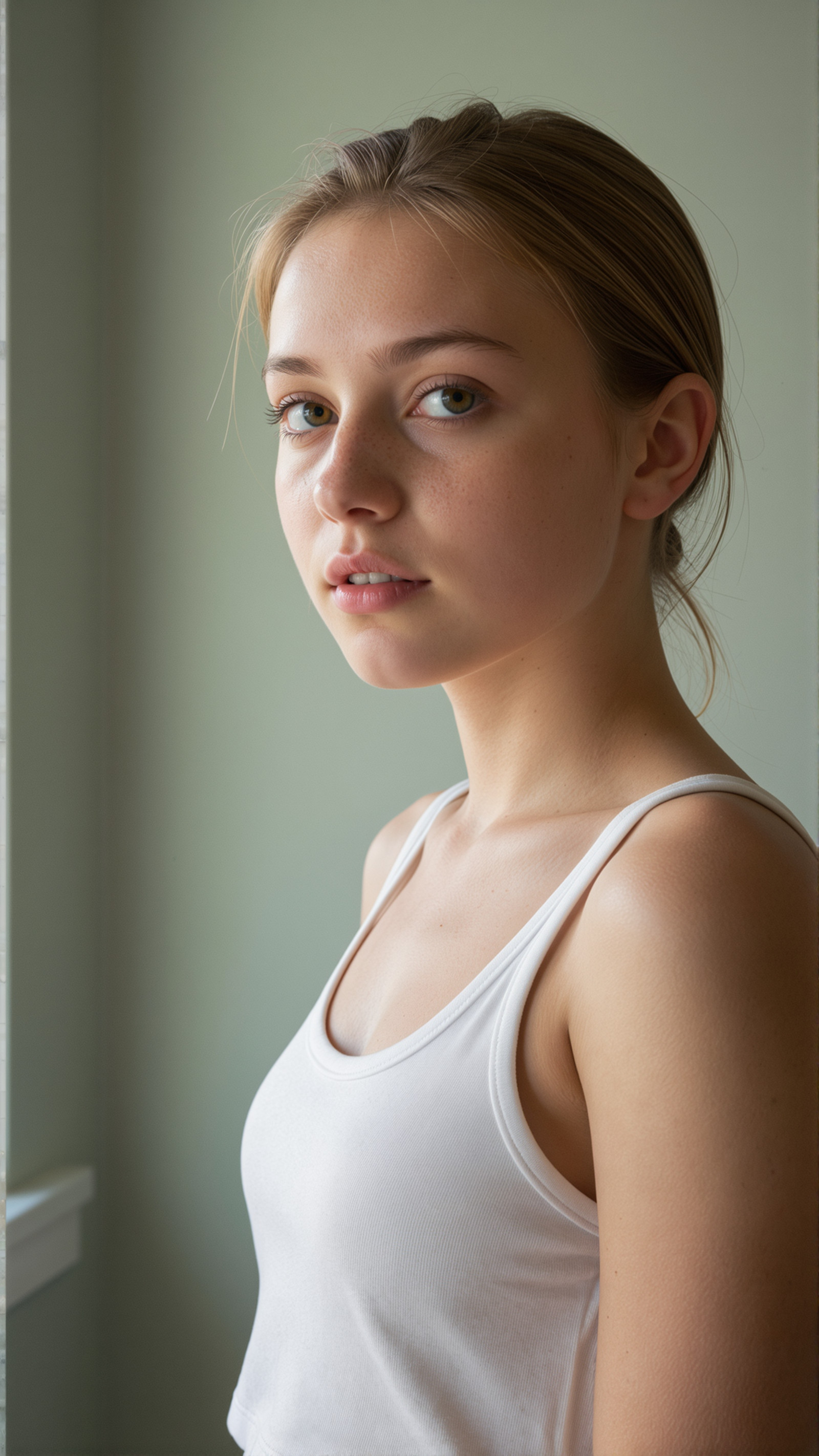 An extremely realistic photo captures a young woman in her late twenties with natural freckles dusted across her nose and cheeks, her auburn hair pulled loosely back revealing wispy baby hairs that catch the light. She stands against a textured plaster wall painted in soft sage green, wearing a simple white cotton tank top that shows the subtle weight of the fabric and natural creases from wear. Her hazel eyes look directly at the camera with an unguarded, contemplative expression, while her lips part slightly as if about to speak. Soft, diffused window light from camera-left bathes her face in a gentle glow that reveals every skin texture and the delicate translucency along the edge of her ear, while a subtle fill light camera-right prevents harsh shadows under her chin and eyes. The cinematic lighting creates a shallow depth of field that keeps her features tack-sharp while the background dissolves into creamy bokeh, with visible grain structure that enhances the film-like quality. Her skin shows authentic texture rather than digital smoothness, with the light catching on the gentle curve of her cheekbone and creating a small catchlight in each eye. Style: Amateur cinematic portrait photography with natural window light and 35mm film aesthetic. Mood: Intimate vulnerability, quiet authenticity, everyday beauty captured in a fleeting moment.