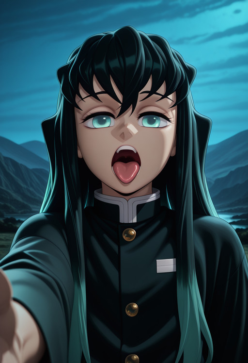 3dstylev4, 3d, krekkov style, AeolusIllus, night, light from the side, outdoors, valley, palace BREAK 1boy, solo, muichirou_tokitou, black hair, aqua eyes, long hair, bangs, hair between eyes, sidelocks, multicolored hair, two-tone hair, gradient hair, aqua hair, black demon slayer uniform, flat_chest, looking at viewer, expressionless, parted lips, (close-up, upper body), ((open mouth, tongue out)), mouth focus, (reaching past viewer) <lora:3d_style:0.25> <lora:Aeolus06_style_-_Illustrious:1.0> <lora:Krekkov_Style-000009:0.4> <lora:Carro3DSculpts_ArtStyle:1.0> <lora:muichirou_tokitou_ilxl:0.8>