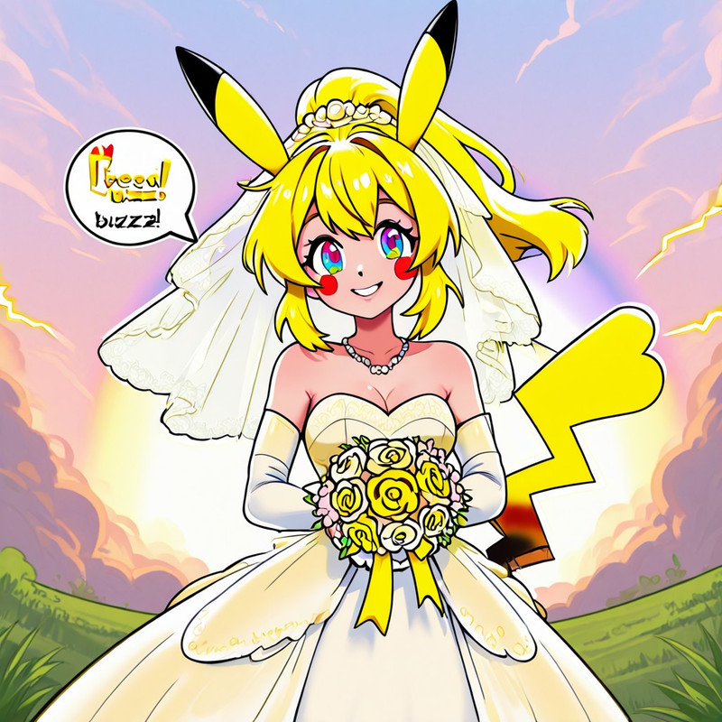 1girl,solo,pikachu ears,pikachu tail,yellow hair,ponytail,rainbow eyes,yellow lightning bolts,speach bubble,ou