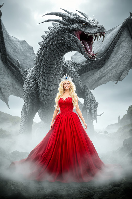 A blonde princesss in a red flowing dress and crystal crown, standing in front of a massive winged forged carbon dragon. Colossal scale, dragon mouth open with sharp teeth. Foggy, mystical landscape. Vertical composition, cinematic lighting.