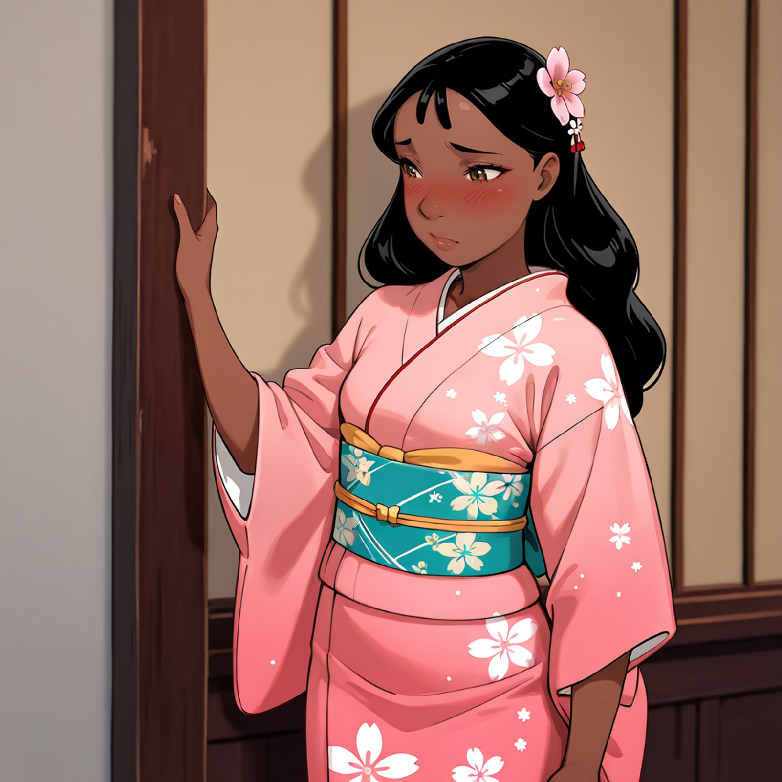 <lora:NaniL&S_illustrious_v1:1> NaniL&S,  very dark skin,  1girl,  dark-skinned female, black hair, long hair, small breasts, cowboy shot,, japanese clothes, kimono, hair ornament, blush, hair flower, pink kimono, sash, obi, floral print, wide sleeves