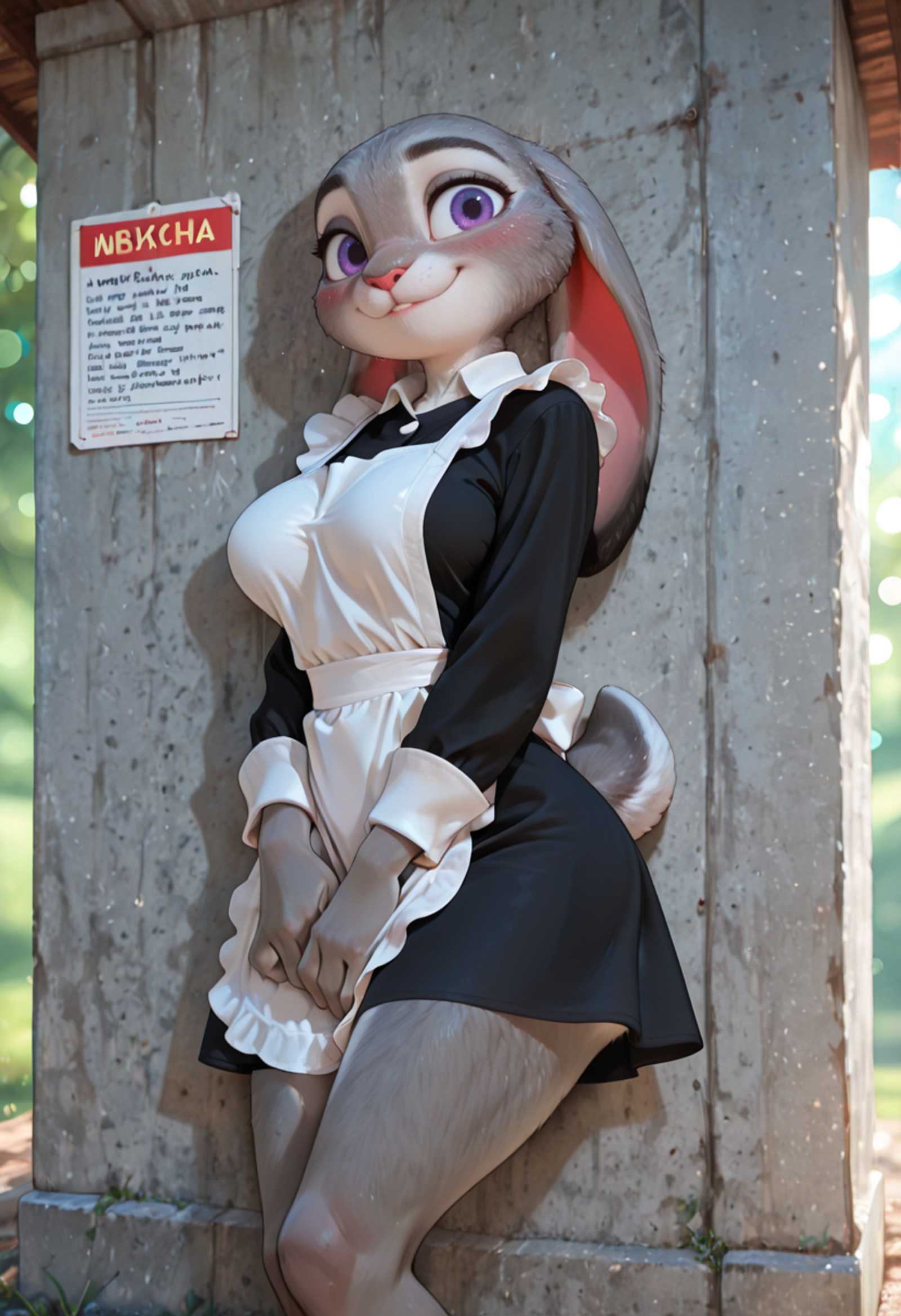 masterpiece, best quality, absurdres, highres, high quality, highly detailed, official art, 3d, amazing quality, detailed background, dramatic lighting, rim lighting, fill light, (bokeh:1.5)   ,
JudyHopps, solo, purple eyes,  thin waist, wide hips, furry female, bunny girl, bunny ears,  ears down, rabbit tail, ((ultra detailed fur:1.5)), Judy Hopps, thin waist, big rabbit tail, big detailed purple eyes, curious look, tilted head, shy smile BREAK   dynamic pose,  presenting, perfect huge breast, saggy breasts, long legs, soviet school uniform, long sleeves, dress, black dress, white apron, nm_graduation, leaning against a concrete wall full of russian words, russian swearing words, detailed background,blush, smile,   BREAK day, sun light, outdoors, soviet steet, 8k, UHD, HD, absurdres, masterpiece, intricate detail, highly detailed, fill light, cinematic lighting, photorealistic, g0th1c <lora:judyhopps-v3-Yiffy:0.2> <lora:incoth:0.5> <lora:AddMicroDetails_NoobAI:0.5> <lora:NM_graduation:1>