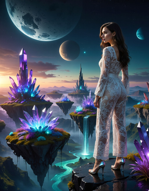 A beautiful young woman wearing an intricate white lace jumpsuit and silver stiletto heels stands on a crystalline cliff edge of an alien exoplanet, gazing in wonder at the surreal landscape before her. The sky features three moons of different sizes and colors, while bioluminescent flora emits an ethereal glow. The terrain is filled with floating islands covered in iridescent vegetation, towering crystal formations in vibrant purples and blues, and streams of liquid that defy gravity.