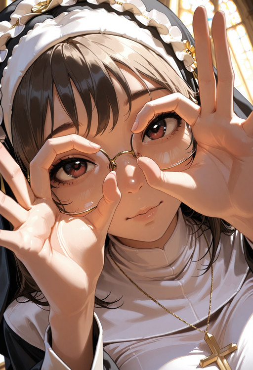masterpiece, highres, close up, 1girl, wearing glasses, nun, white outfit, make up, best angle, look at the viewer, giving OK sign with hand