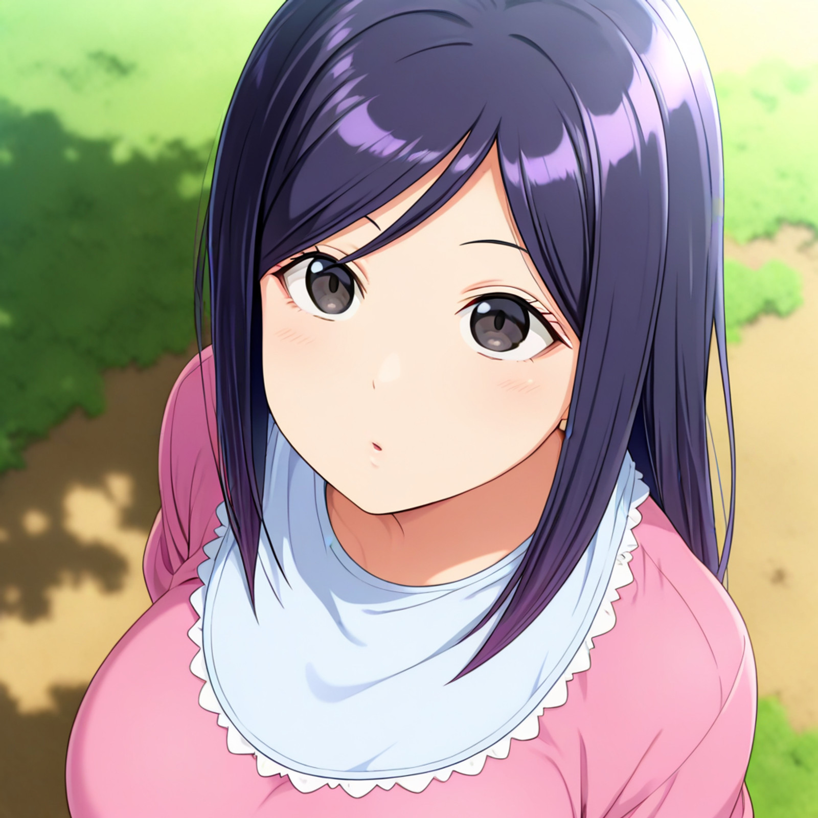 masterpiece, best quality, anime_coloring, pcn sonoda, 1girl, solo, 20yo, large breasts, purple hair, black eyes, bib,outdoors,  portrait, from above, fahion shooting, pink shirt,