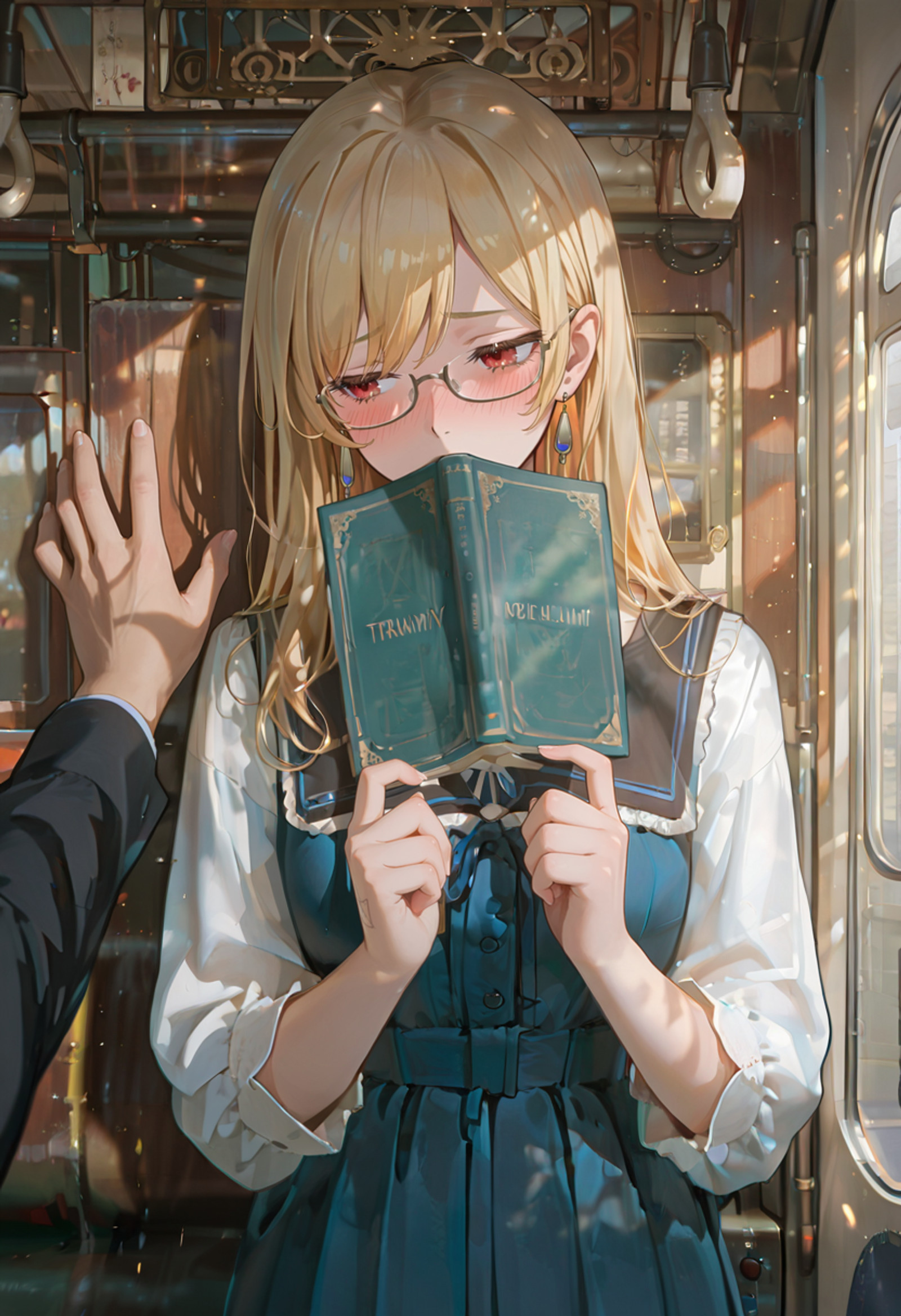 1girl, solo, lazypos, anime-style, detailed background, pastel colors, delicate, dreamy, soft shading, bright and vibrant,
cinematic lighting,volumetric lighting,ray tracing,dramatic shadows,dappled light, upper body,
<lora:Hololive - Kaela Kovalskia 2.0 (IL):0.5> kaela20, blonde hair, red eyes, glasses, long hair, straight hair,
<lora:Lady_Lazy_Retro_Long_Sleeve_Dress-10:1> Lady_Lazy_Retro_Long_Sleeve_Dress, long sleeves, puffy sleeves, long dress, blue dress, pleated dress, white sleeves, black sailor collar, jewelry, earrings,
<lora:POV Kabedon (IL):0.4> povkabedon, solo focus, pov, train interior, train door, train window, (holding book:1.5), open book, covering mouth with book, blush, embarassed, sad, (modern train:1.5)
<lora:USNR_STYLE_ILL_V1_lokr3-000024:0.5> usnr
<lora:WSSKX_WAI:0.4>
<lora:TRT(Illust)0.1v:0.65>