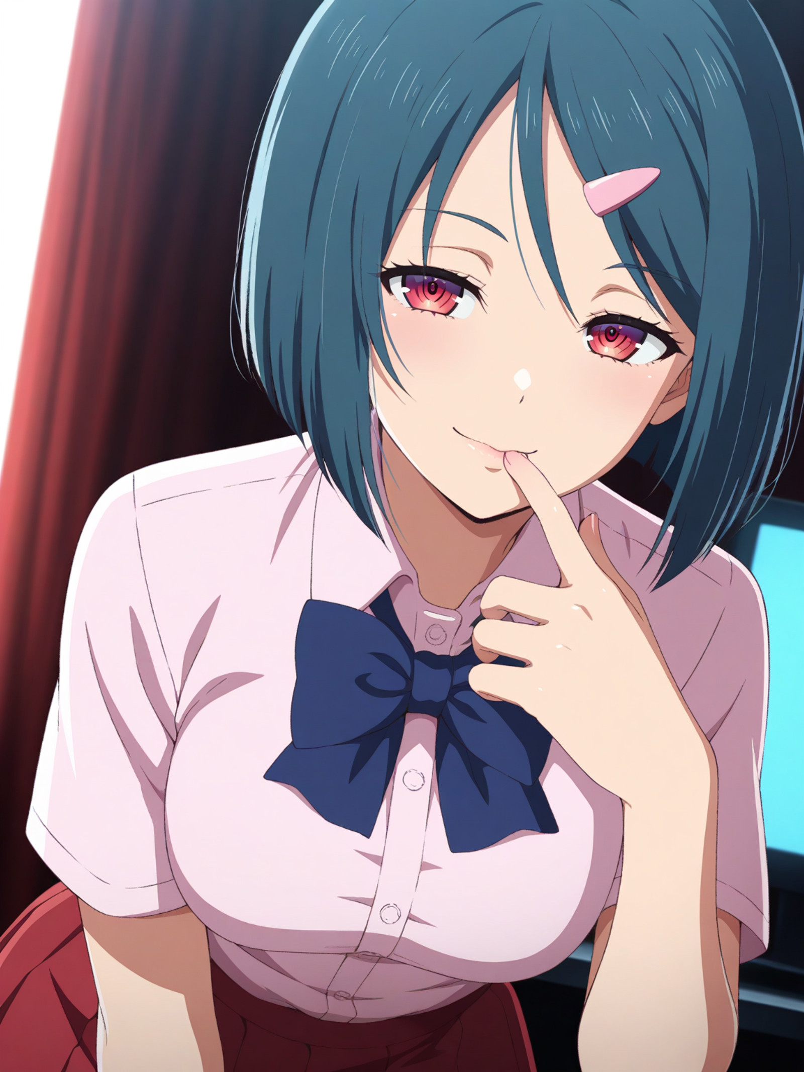 masterpiece,best quality,amazing quality,very aesthetic,absurdres,ultra detailed face,ultra detailed eyes, 4fingers, 1girl, contrast lighting, shiny skin, glossy skin, solo,
(SatsukiShinohara, red eyes, blue hair, short hair, hair clip),
pink collared shirt, short sleeves, blue bowtie, red pleated skirt, black socks,
seductive smile, breast focus, finger biting