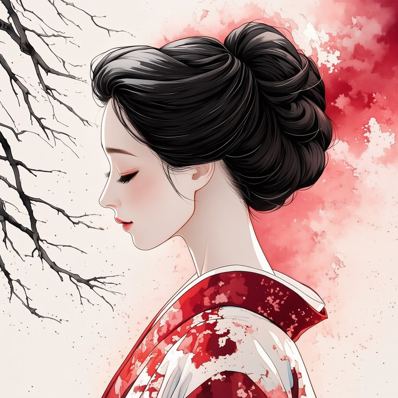 digital art, anime style, female character with fair skin and black hair in an elegant updo, wearing a traditi