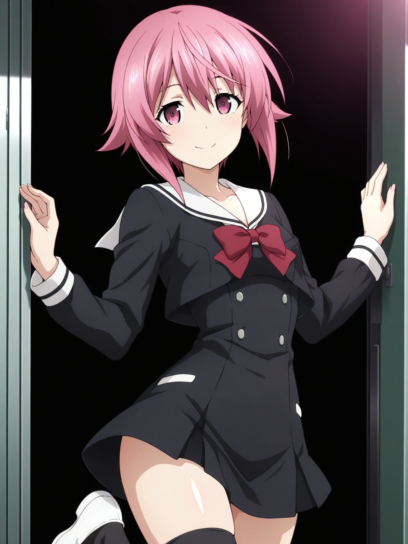 masterpiece,best quality,amazing quality,very aesthetic,absurdres,ultra detailed face,ultra detailed eyes, 4fingers, 1girl, contrast lighting, shiny skin, glossy skin, solo,
(SerikaOnoe, pink eyes, pink hair, short hair),
school uniform, short black dress, long sleeves, sailor collar, bowtie, black thighhighs, white loafers,
thigh focus, seductive smile, arched back