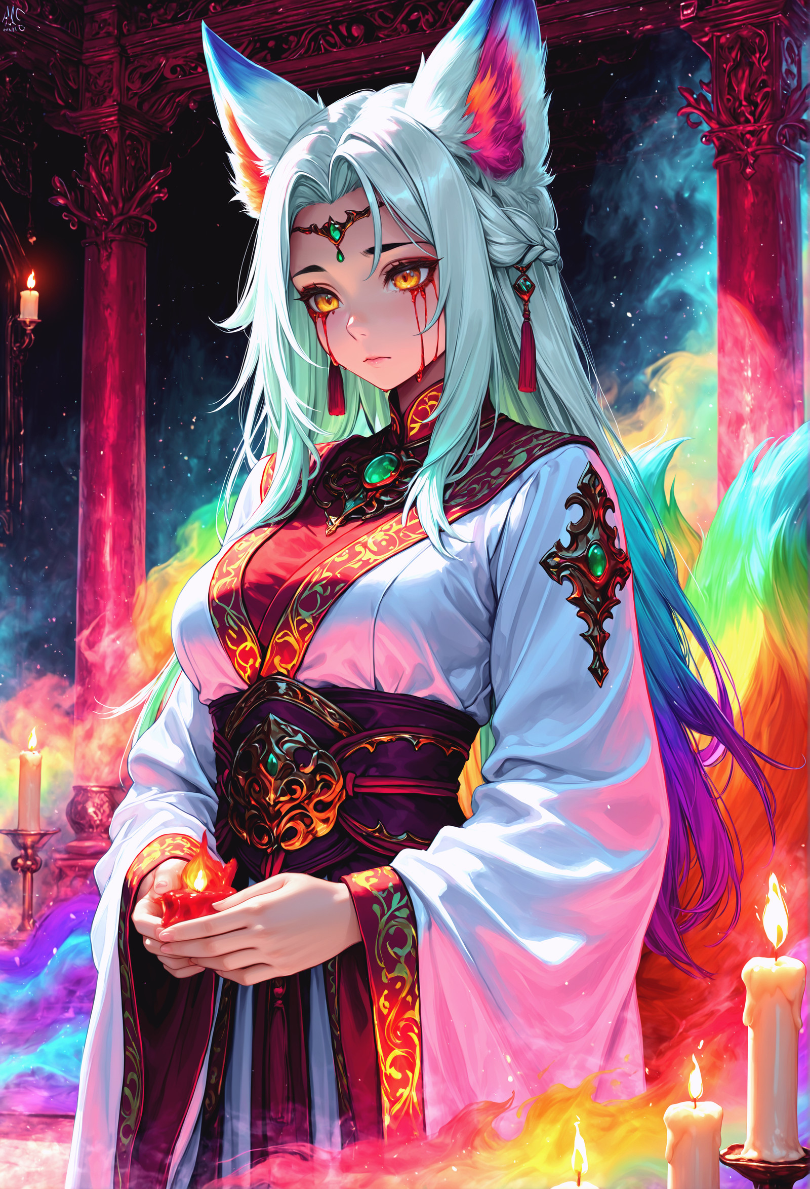 masterpiece, maria_rose:0.3, kaeranu_kaeru:0.3, waterring:0.3, sciamano:0.5,
1girl, sumi-e, general, 
rainbow fog porcelain fox eyes, fantasy void fox procession, candle wax tears, thorned empress grace, colorful, vibrant color palette, impossible colors
