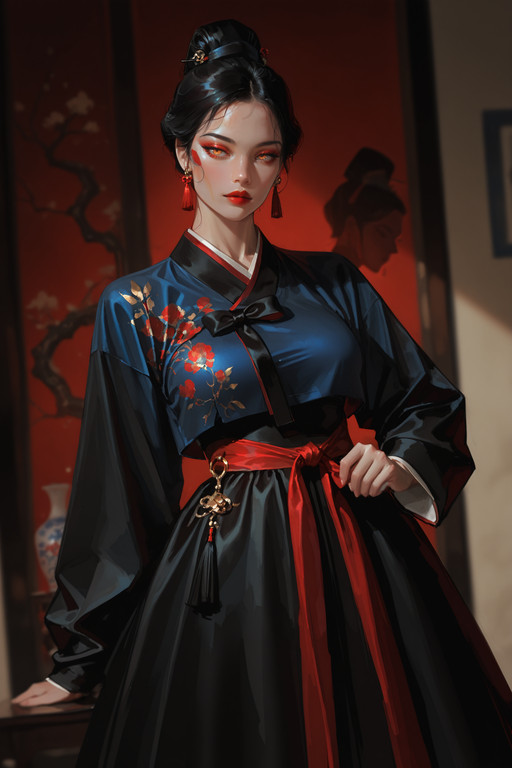 korean woman, sleek black hair in modern cut, porcelain skin, sharp intelligent eyes, red and blue and black themed hanbok inspired dress, form fitting silhouette, sensual twist on traditional design, bold red lips, elegant updo with black ribbon accents, tight jeogori top, flared skirt with red blue patterns, black trim details, graceful posture, alluring gaze, smooth complexion, subtle contour makeup, high cheekbones, delicate gold accessories, traditional knots with modern styling, flowing sleeves with red blue linings, confident expression, soft lighting on face, refined yet seductive presence
 masterwork, masterpiece, best quality, detailed, depth of field, , high detail, best quality, very aesthetic, 8k, dynamic pose, depth of field, dynamic angle, adult, aged up