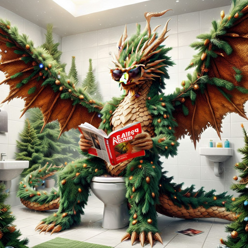 fir needles, bone fir needles Dragon, A massive humanoid dragon made of fir needles sitting on a toilet, has a