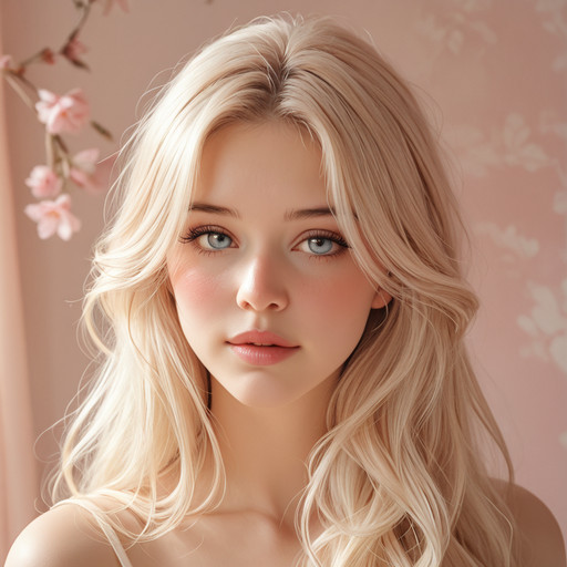 masterpiece, romantic soft portrait, pastel tones, gentle blush, soft lips, light flowing hair, airy composition, diffused lighting, dreamy mood, delicate eyelashes, painterly softness, harmonious color palette*,