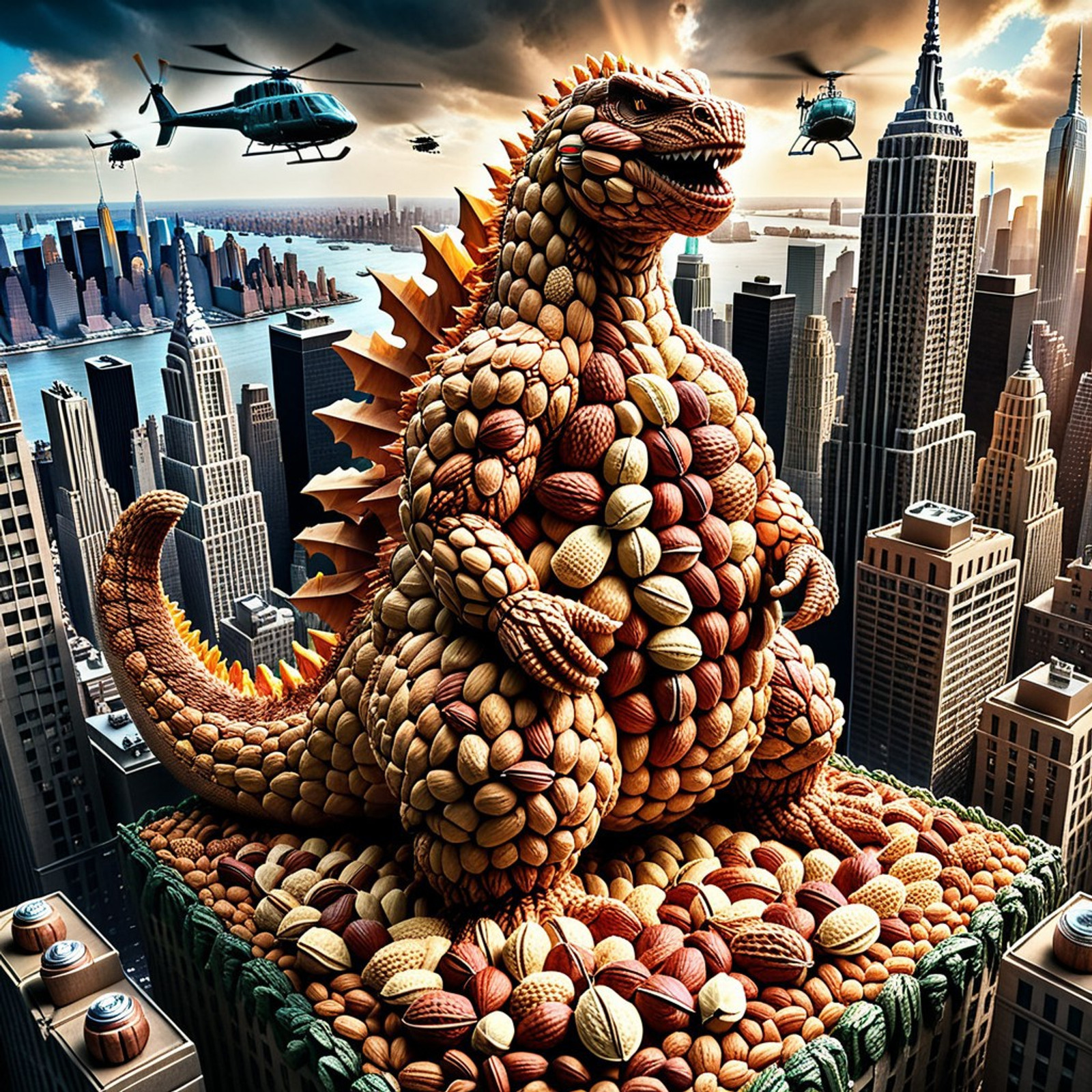 very colorful, nutstylesnut style, nutstylesnut World Morph theme, New York City made of nuts, 8k, Ultra close-up photo masterpiece, tack sharp shot, dramatic wide angle, absurdres, detailed, subject focus, ultra sharp. dramatic cinematic sun rays and dramatic weather lighting.
((Godzilla made of nuts in nutstylesnut style (climbing up a high very detailed skyscraper made of nuts in nutstylesnut style in the middle of New York City), ((Helicopters circling around Godzilla and the high skyscraper, holding a smoking giant nut))), from above, from_above, dramatic angle). detailed New York Skyline made of nuts in nutstylesnut style background, intricate motif, contrasts. looking at viewer. Ultra close-up.