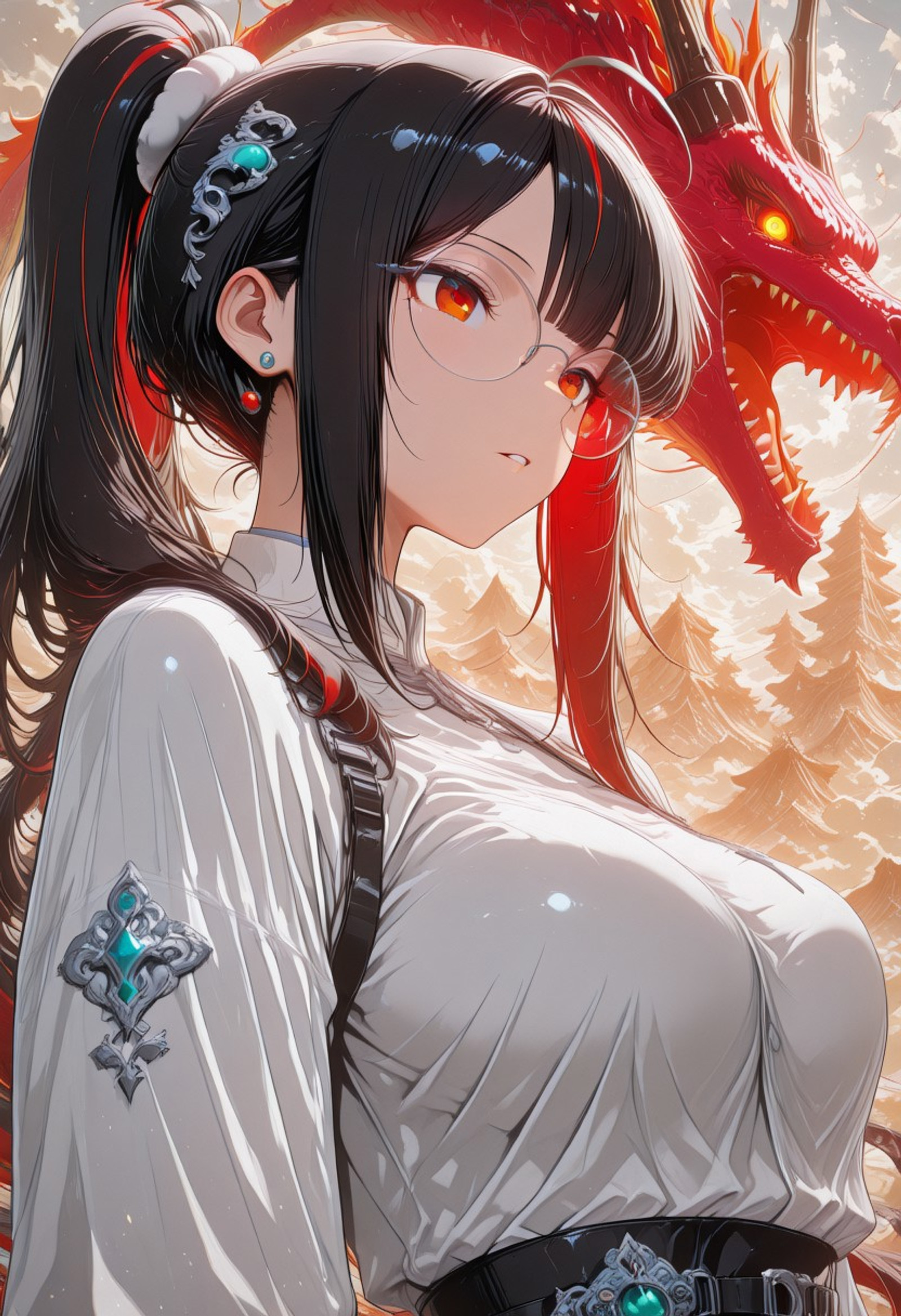 masterwork, (masterpiece:1.2), (best quality:1.2), (very aesthetic:1.2), (absurdres:1.2), newest, high detail, high contrast, smooth shading, colorful depth, masterful shading, mI¨h0r_a97Q, c1t_7,, 1girl, solo, NIKKEMoran, long hair, breasts, large breasts, black hair, hair ornament, red eyes, , ahoge, ponytail, multicolored hair, earrings, red hair, parted lips, streaked hair, orange eyes, mole under eye, hair scrunchie, round eyewear, sidelocks, glasses, oriental dragon ornament,