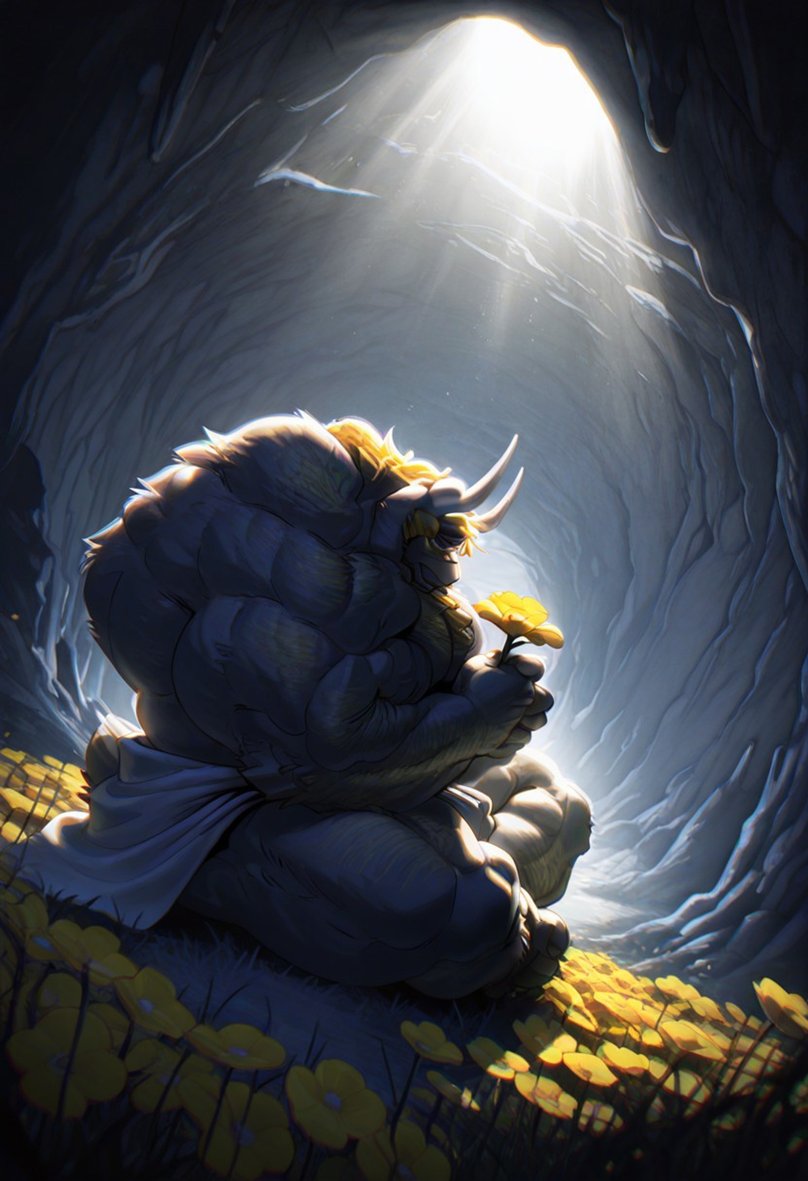 1boy, solo, highres, absurdres, newest, masterpiece, anthro, furry, AsgoreUT, muscular male, huge muscles, broad shoulders, huge pectorals, horns, white fur, yellow hair, body hair, hairy,
white cloth around waist, 
sad, sitting, Indian style, holding yellow flower, holding flower, 
yellow flowers, flower field, grass, cave, cavern, 
spotlight, underlighting,
wide shot, from above, from side,
heavy shadows, chromatic aberration, monochrome,
close up, creative angle, dynamic pose, foreshortening, extreme perspective, high resolution, extremely-detailed, detailed fur, detailed muscles, cinematic lighting, masterpiece