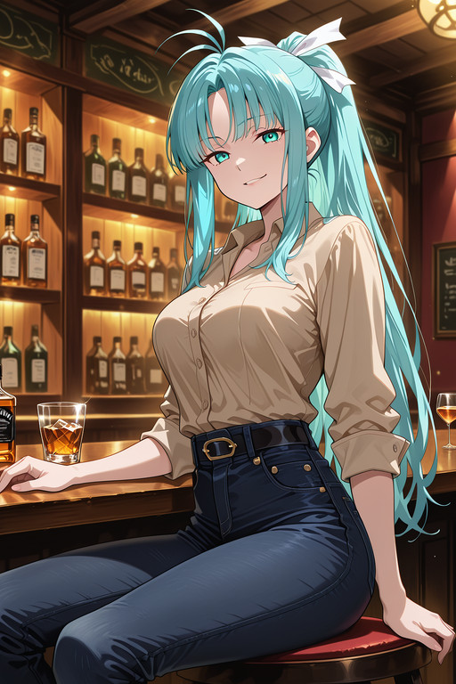 masterpiece, best quality, amazing quality, very aesthetic, absurdres, newest, anime screencap, anime colouring, highres, very detailed, anime, good anatomy, unholy-aesthetic, ultra detailed face,ultra detailed eyes, perfect eyes,

herencia,

night, bar (place), indoors,

1girl, solo,

m1a, aqua hair, parted bang, high ponytail, long hair, antenna hair, sidelocks, aqua eyes, medium breasts,
hair ribbon, white ribbon,

business shirt, beige shirt, black jeans, (low jeans:1.2), black belt, rolled up sleeves,

whiskey glass,

{
sitting|
sitting, from above|
sitting, from behind|
sitting, sideview|
sitting, leg spread|
sitting, head resting on hand|
sitting, dynamic pose
},

sadistic smirk, 

looking at viewer,

addmicrodetails,