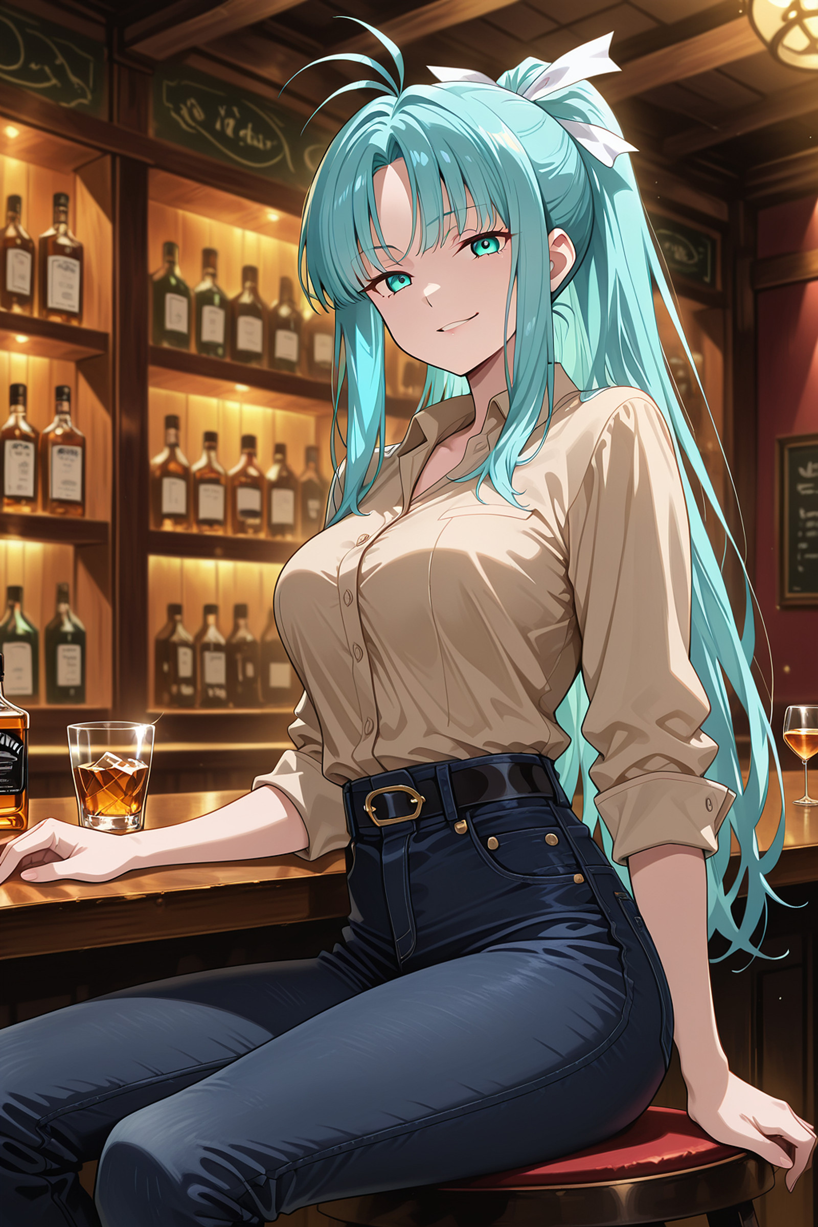 masterpiece, best quality, amazing quality, very aesthetic, absurdres, newest, anime screencap, anime colouring, highres, very detailed, anime, good anatomy, unholy-aesthetic, ultra detailed face,ultra detailed eyes, perfect eyes,

herencia,

night, bar (place), indoors,

1girl, solo,

m1a, aqua hair, parted bang, high ponytail, long hair, antenna hair, sidelocks, aqua eyes, medium breasts,
hair ribbon, white ribbon,

business shirt, beige shirt, black jeans, (low jeans:1.2), black belt, rolled up sleeves,

whiskey glass,

{
sitting|
sitting, from above|
sitting, from behind|
sitting, sideview|
sitting, leg spread|
sitting, head resting on hand|
sitting, dynamic pose
},

sadistic smirk, 

looking at viewer,

addmicrodetails,