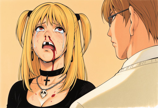 lazypos, XX, 1girl, 1boy, blood, (nosebleed:0.8), parody, solo_focus, frown, Slightly_open_mouth, crying_with_eyes_open, missing_tooth, upper_teeth_only, cinematic_angle, eye_contact, simple_background, cleavage, looking_up,
earrings, choker, cross, skull, necklace, traditional media, Light Yagami, Amane Misa