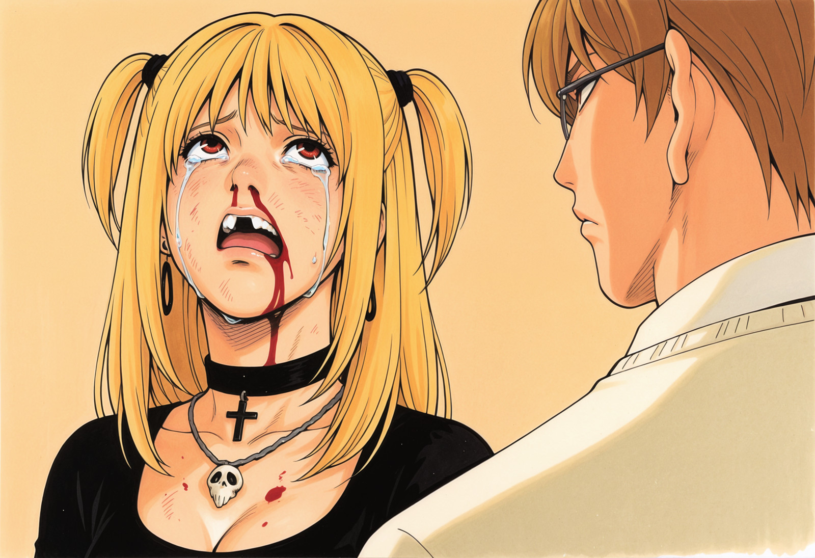 lazypos, XX, 1girl, 1boy, blood, (nosebleed:0.8), parody, solo_focus, frown, Slightly_open_mouth, crying_with_eyes_open, missing_tooth, upper_teeth_only, cinematic_angle, eye_contact, simple_background, cleavage, looking_up,
earrings, choker, cross, skull, necklace, traditional media, Light Yagami, Amane Misa