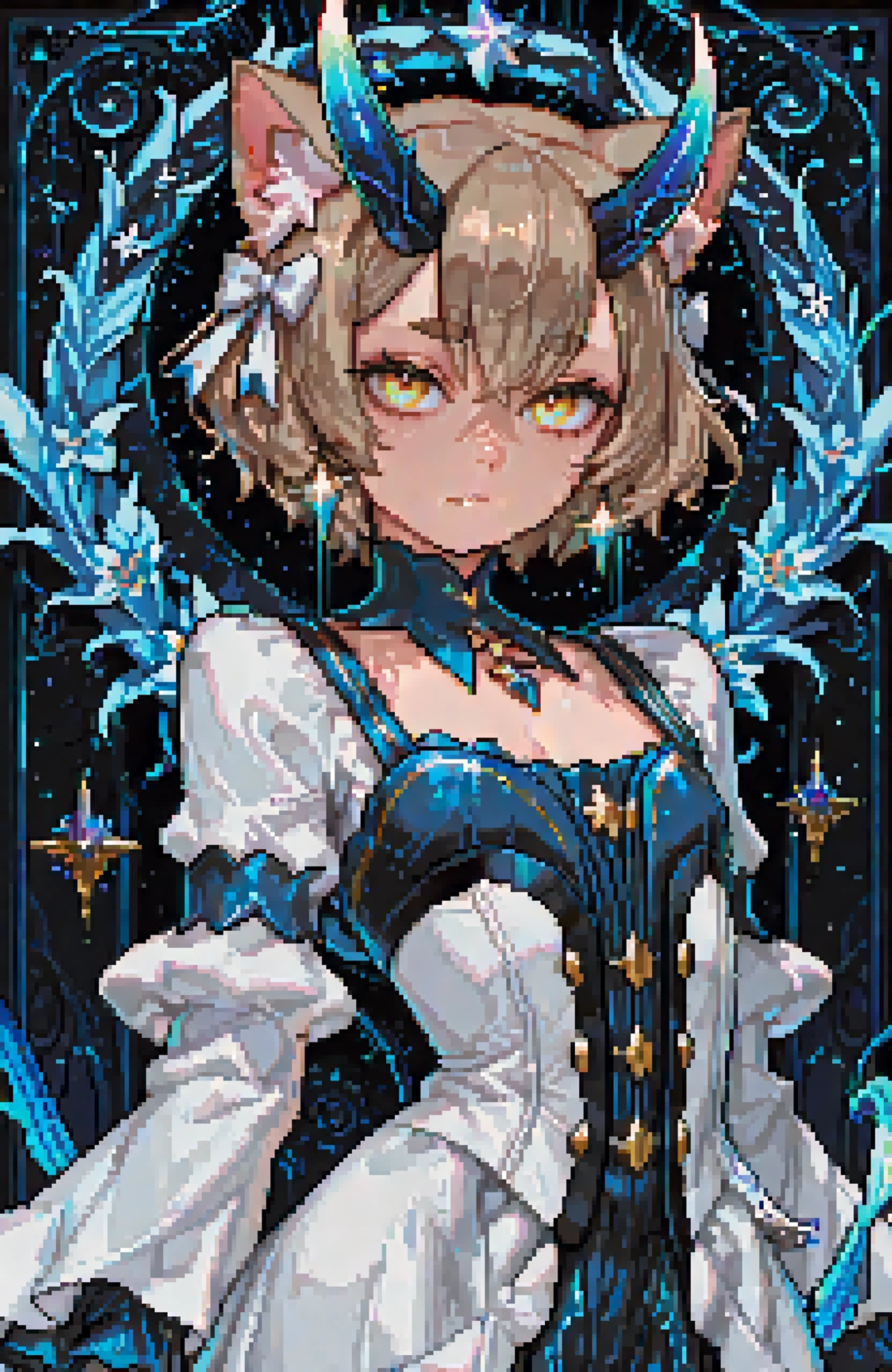 amazing quality,best quality,masterpiece,felix_argyle,re:zero_kara_hajimeru_isekai_seikatsu,1boy,trap,hair_ribbon,hair_bow,parted_bangs,brown_hair,short_hair,fang,thick_eyebrows,yellow_eyes,shiny_skin,choker,blue_choker,arm_ribbon,white_ribbon,animal_ear_fluff,cat_girl,flat chest,femboy,otoko no ko,calm distant expression,closed mouth,looking slightly downward,goddess of cosmos,ethereal presence,quiet divine authority,small square horns on forehead,in front of hair,grey starry magical glow on horns,elegant dangling earrings with grey gemstones,refined cosmic jewelry,dark aristocratic choker with ornate pattern,flowing black and deep grey aristocratic dress,celestial noble style,structured bodice,layered flowing sleeves with subtle grey pattern,soft fabric folds,star-like light embedded in the chest area,glowing star motifs on the dress,subtle cosmic sparkles,minimal shading,soft gradients,calm magical glow,floating star particles around,circular cosmic halo background,abstract space symbols,minimalistic cosmic void,serene and mystical atmosphere,no text,no watermark,no logo looking at viewer,dynamic pose,looking at viewer,portrait,modern pixel art,simple background,retro pixel art,pixelated,looking at viewer  <lora:PixelStyle-GLora-Illustrious-V1:1>