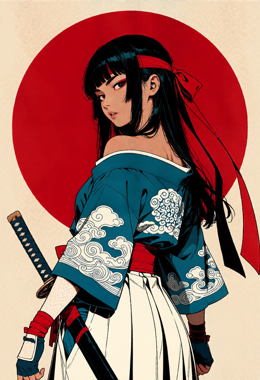 masterpiece, best quality, highres, score_7, score_8, anime, 1girl, long black hair, blunt bangs, dark eyes, red eyeshadow, red headband, red ribbon bow, looking over shoulder, upper body, serious expression, parted lips, blue and white traditional japanese top, ornate white cloud scroll pattern, off shoulder, white hakama skirt, red obi sash, dark blue fingerless gloves, white pattern gloves, red wrist wrap, sword hilt at hip, large red circle, minimalist beige background, flat color, clean lineart, ukiyo-e inspired, limited color palette, japanese woodblock print style. A serious dark-haired girl with blunt bangs glances back over her shoulder, dressed in an ornate blue and white traditional Japanese warrior outfit with cloud patterns and a red ribbon headband, posed against a stark crimson sun circle on a pale beige ground, rendered in a flat clean ukiyo-e-inspired illustration style.