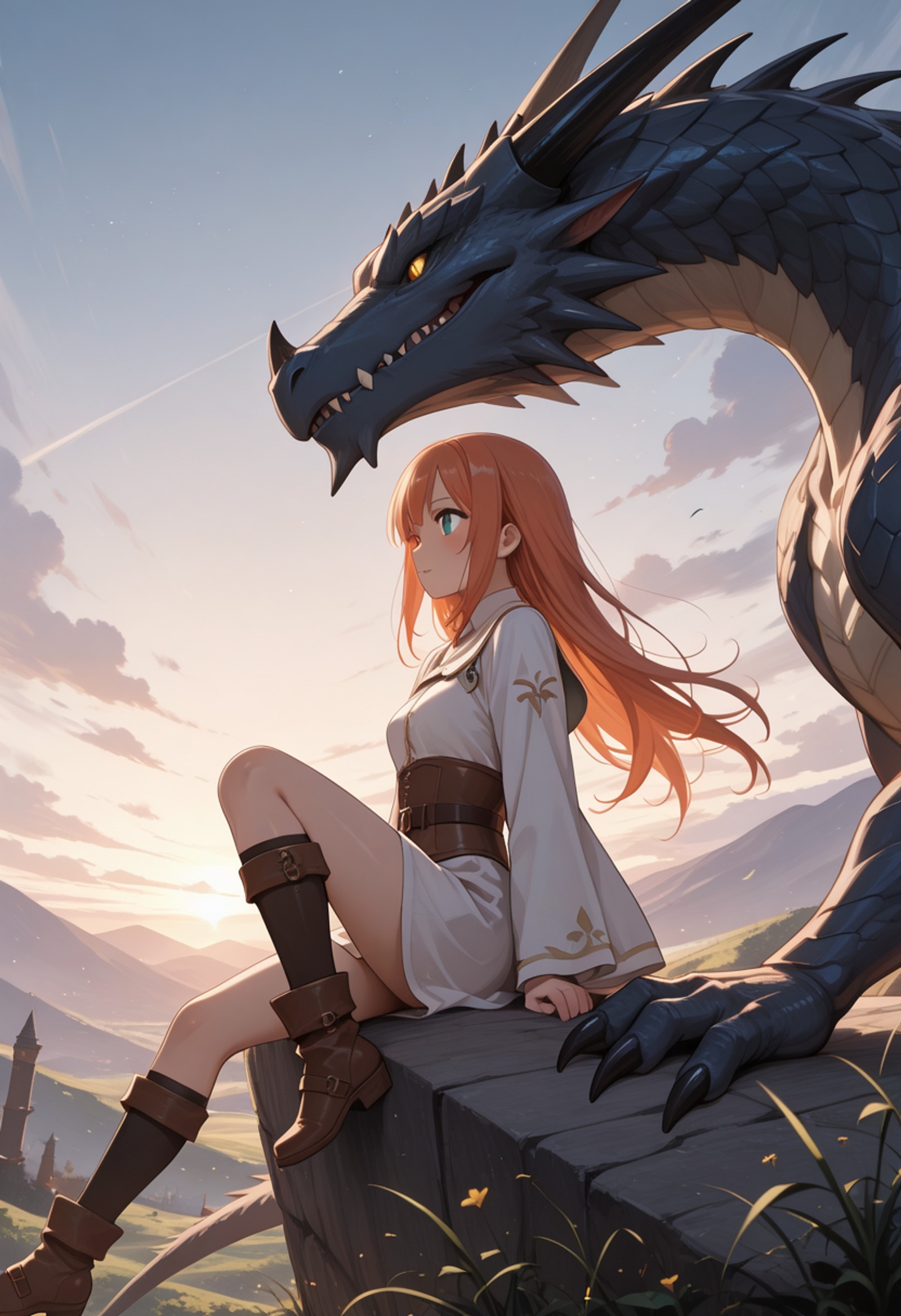 best quality,(SFW),source_anime,fantasy,1girl,A girl who is friends with a dragon