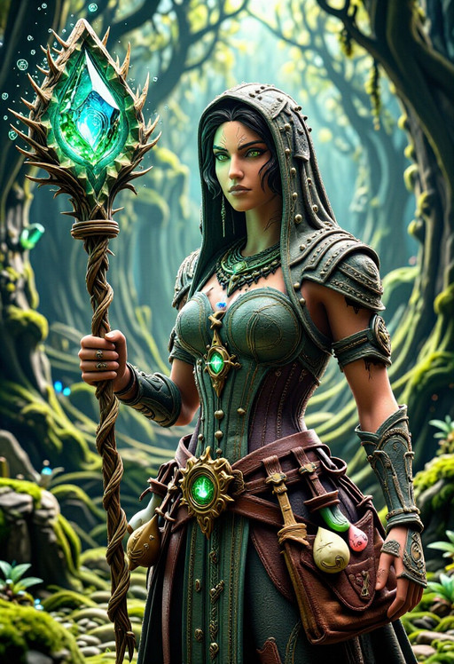 (masterpiece, top quality, best quality:1.2), official art, extremely detailed CG unity 8k wallpaper, concept art, RPG portrait, (portrait of a powerful forest elven sorceress:1.3), (standing in a lush enchanted mossy forest clearing:1.2), soft glowing magical light, (hyper-detailed enchanted arsenal equipment:1.4), adorned with numerous mystical amulets and necklaces made of glowing green crystals and ancient carved wood, wearing several intricate magical rings with pulsing arcane runes on her fingers, (holding a large twisted wooden mage staff topped with a massive pulsating emerald gem:1.3) emitting swirling mana particles, equipped with a leather utility belt holding various small glowing potion vials and herb pouches, a detailed magical artifact hanging from her neck, (mystical upgrade items:1.3), complex arcane symbols, depth of field, sharp focus, vibrant colors, (mystical atmosphere:1.1). lora:TOT_Enchanted_Arsenal_Z:1.0