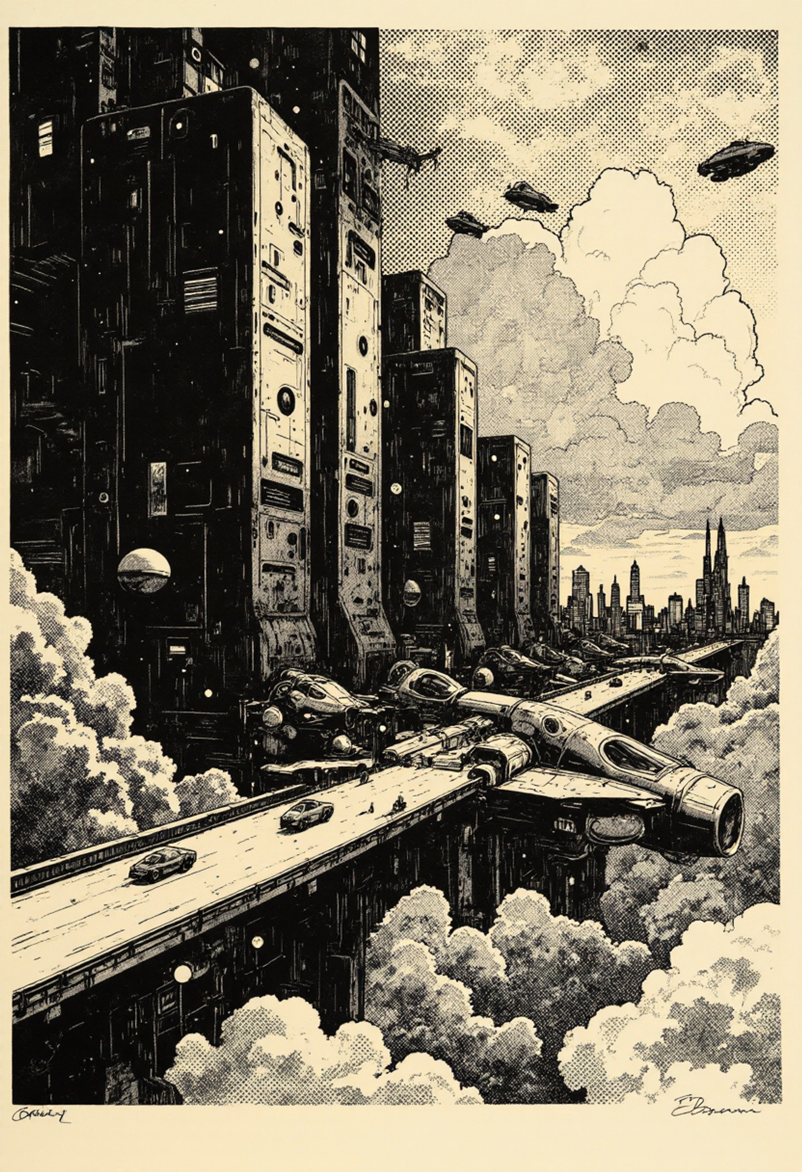 Retro-futuristic airborne megacity rendered as a museum-quality halftone monotype print, inspired by John Berkey. Buildings, flying vehicles, clouds, and distant horizons dissolve into complex overlapping halftone screens. Multiple dot frequencies create moiré effects, texture interference, and visual vibration. Large abstract halftone fields dominate the composition while city structures emerge from the pattern itself. Uneven ink coverage, distressed paper texture, printmaker imperfections, accidental smudges, ink pooling, and registration shifts enhance authenticity. High-contrast black and ivory palette with minimal muted color accents. The halftone pattern is the primary subject, transforming the futuristic city into an intricate graphic exploration of dots, texture, and light.<lora:ck-shadow-circuit:0.75>