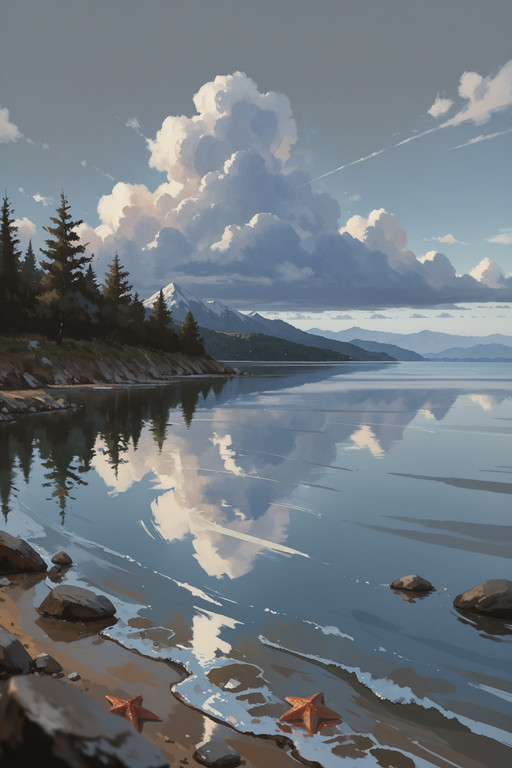 (flat color:2), (no lineart:1), (no outline:1), (Flat vector:1), ((outdoors, sky, day, cloud, water, blue_sky, tree, no_humans, ocean, traditional_media, cloudy_sky, scenery, reflection, rock, mountain, horizon, painting_\(medium\), watercolor_\(medium\), mountainous_horizon, starfish, landscape, lake, shore, grey_sky, reflective_water):0.5) masterwork, masterpiece, best quality, detailed, depth of field, , high detail, best quality, very aesthetic, 8k, dynamic pose, depth of field, dynamic angle, adult, aged up,