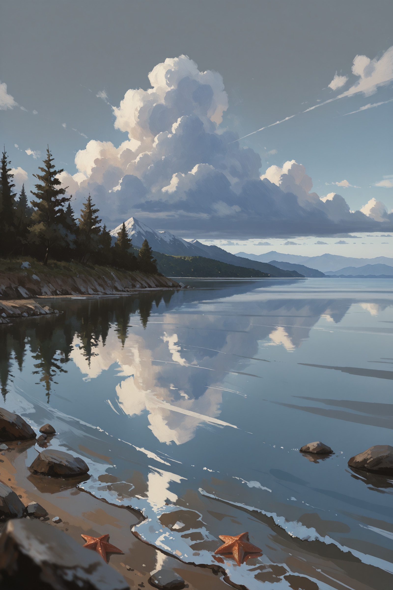 (flat color:2), (no lineart:1), (no outline:1), (Flat vector:1), ((outdoors, sky, day, cloud, water, blue_sky, tree, no_humans, ocean, traditional_media, cloudy_sky, scenery, reflection, rock, mountain, horizon, painting_\(medium\), watercolor_\(medium\), mountainous_horizon, starfish, landscape, lake, shore, grey_sky, reflective_water):0.5) masterwork, masterpiece, best quality, detailed, depth of field, , high detail, best quality, very aesthetic, 8k, dynamic pose, depth of field, dynamic angle, adult, aged up,